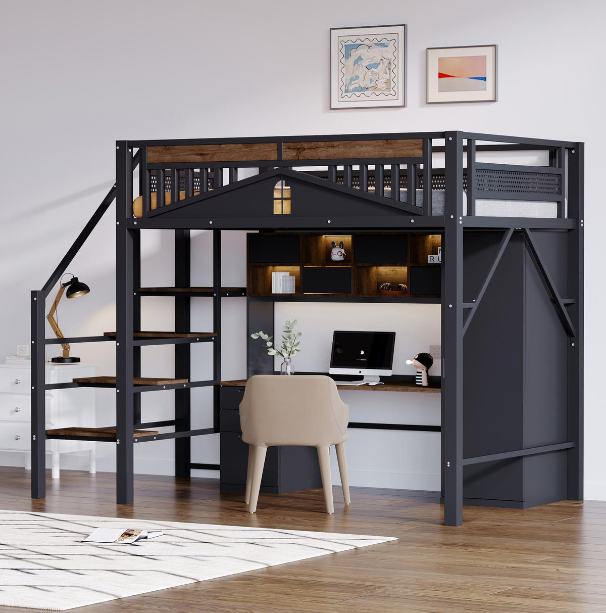 HOCHBETT 140/200 cm aus Metall mit Sicherheitsleiter, Schwarz - Schwarz, Metall (140/200cm) - OKMYHOME