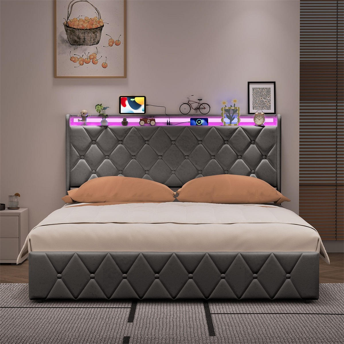 POLSTERBETT 140x200 cm mit hydraulischem Stauraum - Kopfteil Regal & LED - USB - ohne Matratze - Grau - Grau, Textil (140/200cm) - DELFA