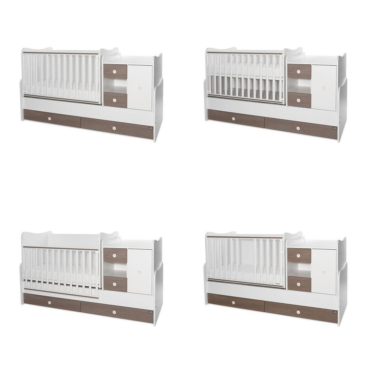 BABYBETT Mini Max 3 in 1 braun weiß 120 x 60 cm, Jugendbett 190 x 72 cm, Wickelkommode, Schaukelfunktion - Braun, Holzwerkstoff (72/190cm) - Lorelli