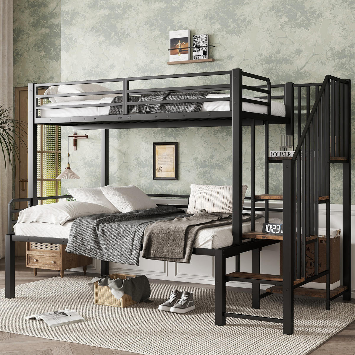 ETAGENBETT aus Metall und MDF 90/120x200 cm Schwarz mit Stauraumtreppe - Schwarz, Holzwerkstoff (90/200cm) - IVMEU