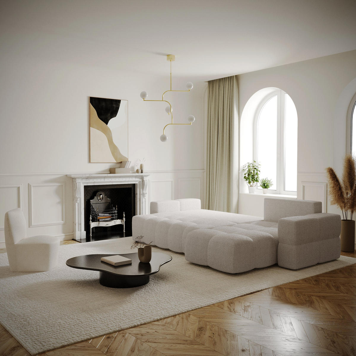 ECKSOFA RECHTS Bouclé-Stoff Beige 286cm - Beige, Textil (286/169cm) - Sia Home