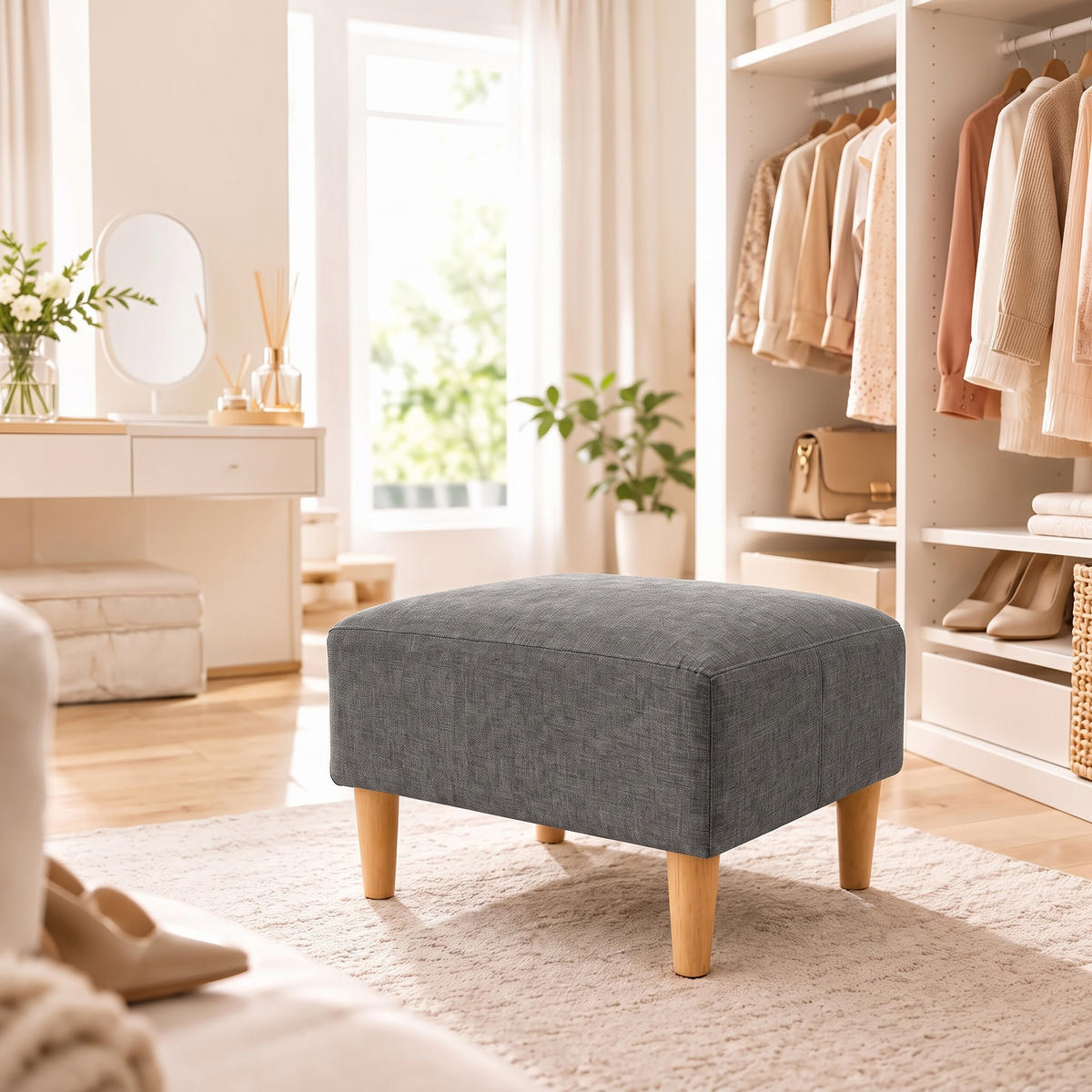 FUSSHOCKER Dunkelgrau gepolstert Holzfüße - Anthrazit, Holz/Textil (61/42/41cm) - Relaxdays