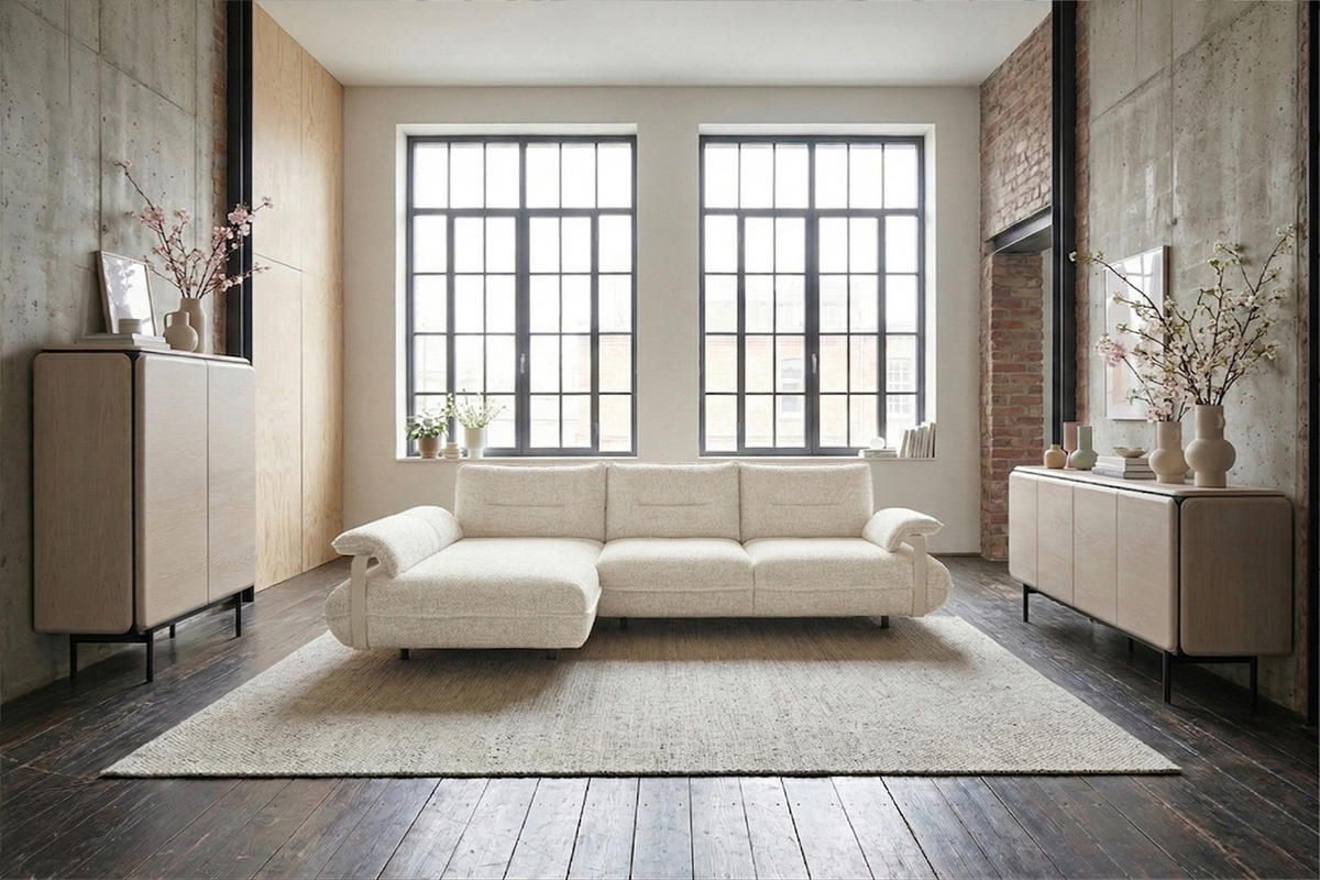 ECKSOFA ANISSA Cremeweiß Flachgewebe - Creme/Schwarz, Kunststoff/Textil (297/185cm) - KAWOLA