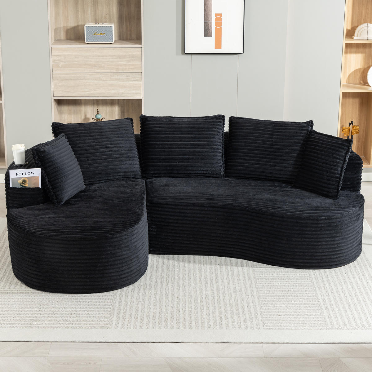 ECKSOFA Cord Schwarz mit Getränkehaltern, Seitentaschen und Kissen - Schwarz, Textil (250/152cm) - WISHDOR