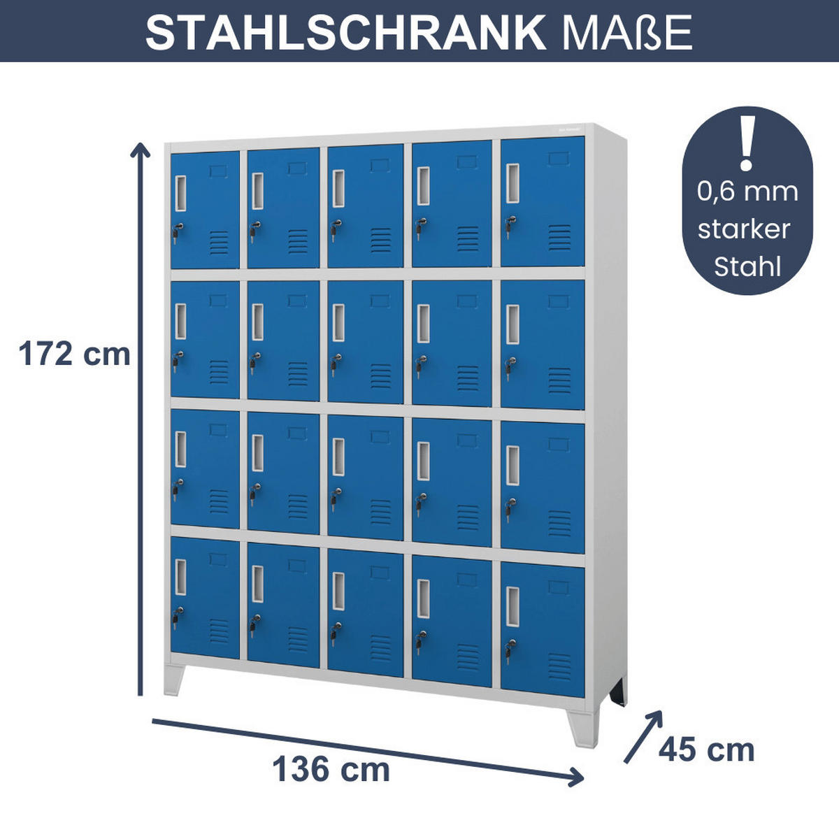 SCHLIESSFACHSCHRANK Spind TAMPA 20 Fächer172x136x45cm Grau-Blau - Grau, Metall (136/172/45cm) - DELUKE