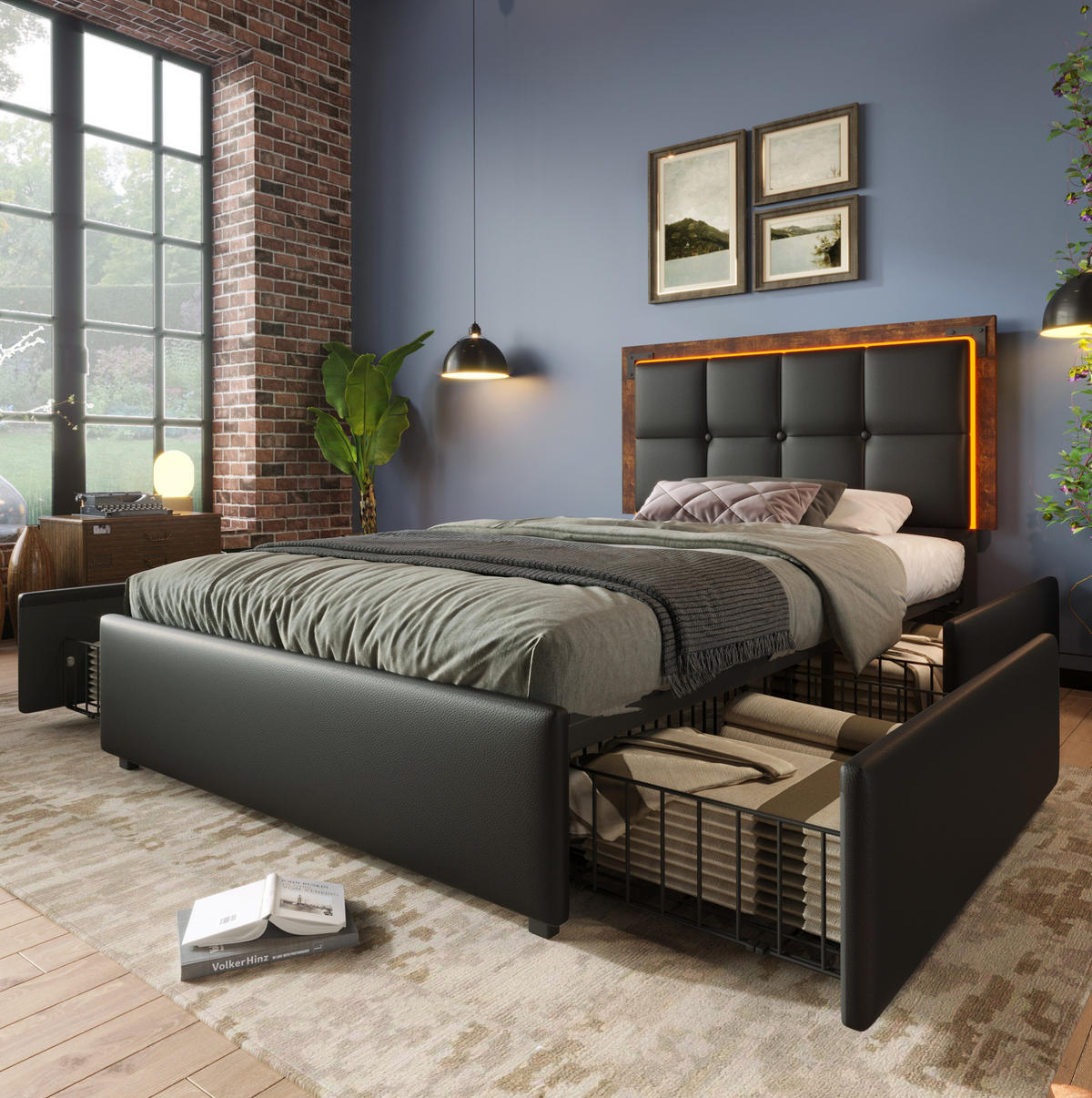 BETT mit LED und 4 Schubladen 90x200 cm PU Schwarz inkl. Matratze - Schwarz, Metall (90/200cm) - Meubliv