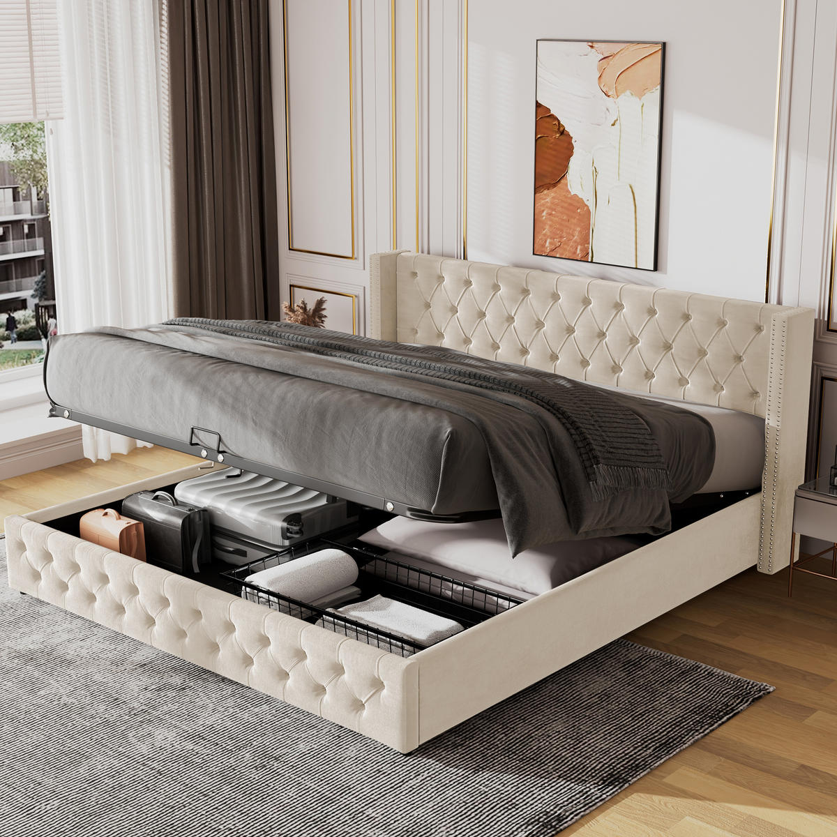 POLSTERBETT 140/200 cm beige mit hydraulischem Bettkasten und Chesterfield-Design - Beige, Textil (140/200cm) - OKWISH