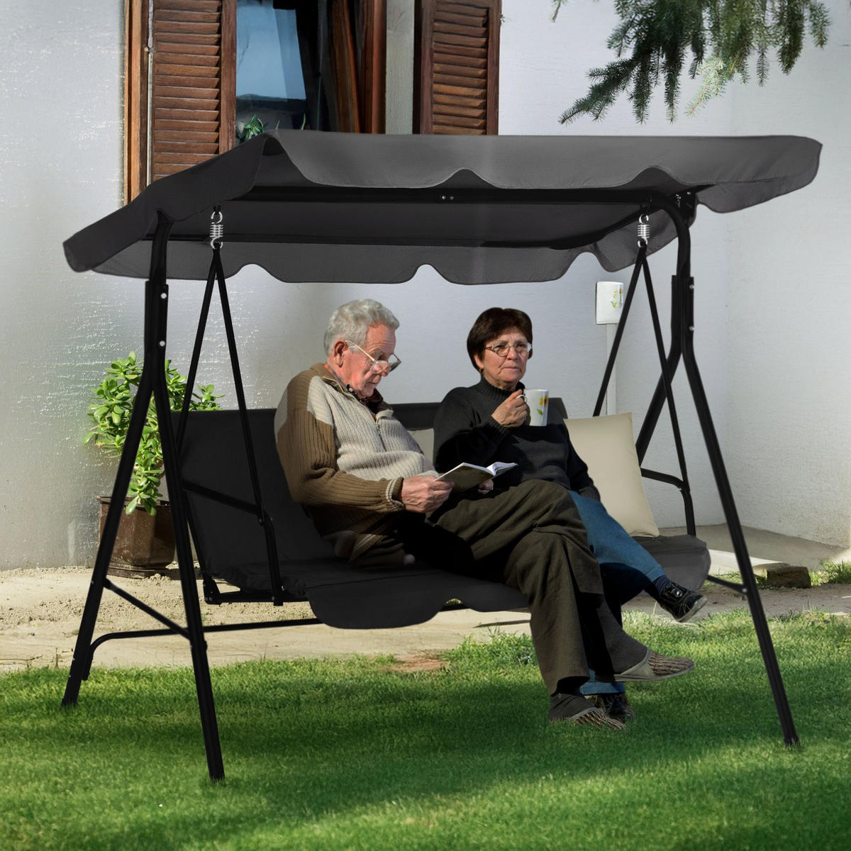 HOLLYWOODSCHAUKEL mit Sonnendach, 170/110/153 cm, 3 Personen, 2 Kissen - Grau, Textil/Metall (170/153/110cm) - Luverno