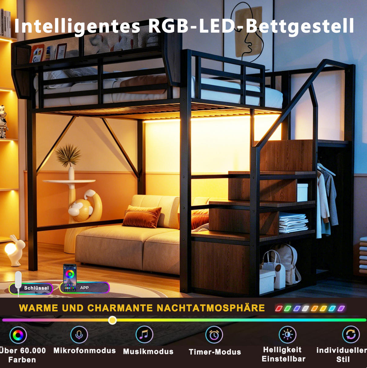 HOCHBETT 140/200 cm Schwarz mit LED und Sicherheitsleiter ohne Matratze - Schwarz, Metall (140/200cm) - MIVRAY