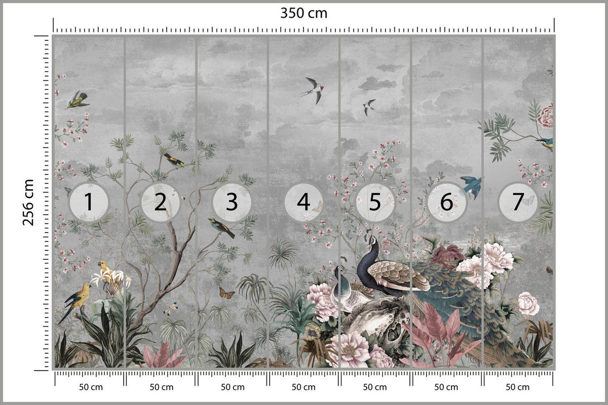 FOTOTAPETE für Büro Pfauen Vögel Pflanzen Bäume Tropische Blumen 350x256 - Multicolor, Papier (350/256cm) - Muralo