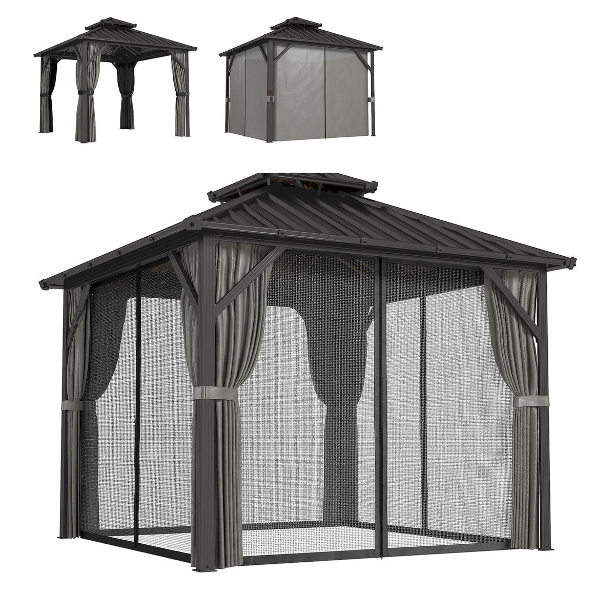 PAVILLON DE-12761 300/300 cm Doppeldach aus Stahl mit Moskitonetz Dunkelgrau - Dunkelgrau, Metall (301/293/301cm) - ComfortXL