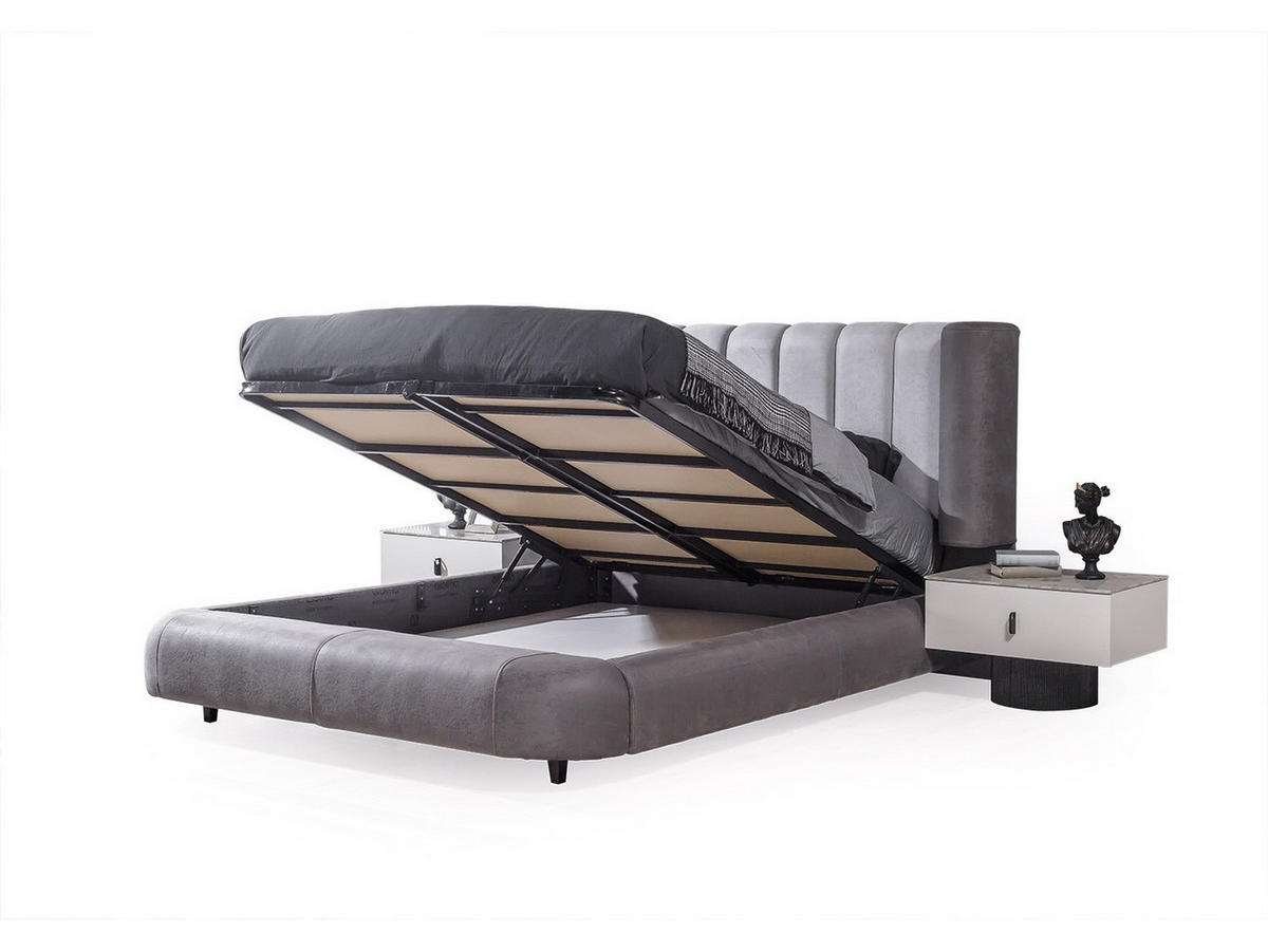 BETTANLAGE BARCELONA Schlafzimmer-Set, 4-teilig, Anthrazit, Bett mit Kopfteil, 2 Nachttische und Kleiderschrank - Anthrazit, Leder/Holzwerkstoff (160/200cm) - Villa Möbel