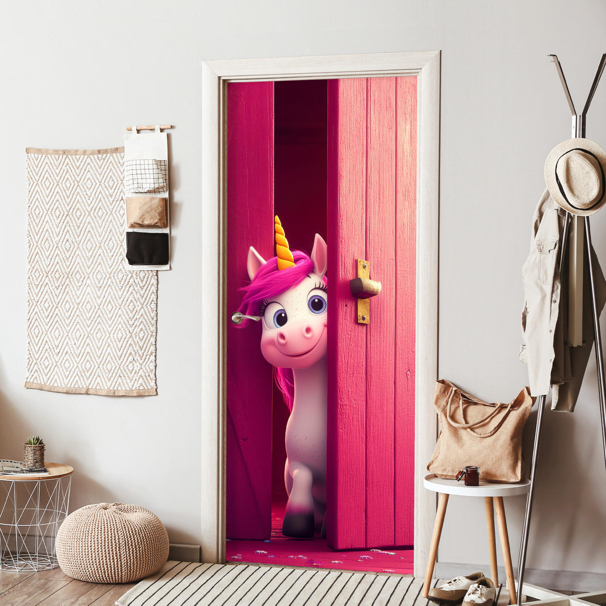 TÜRAUFKLEBER Einhorn - Rosa - Tür - Fantasie Fototapete 75x205 cm - Türtapete - Pink, Kunststoff (75/0.1cm) - MuchoWow