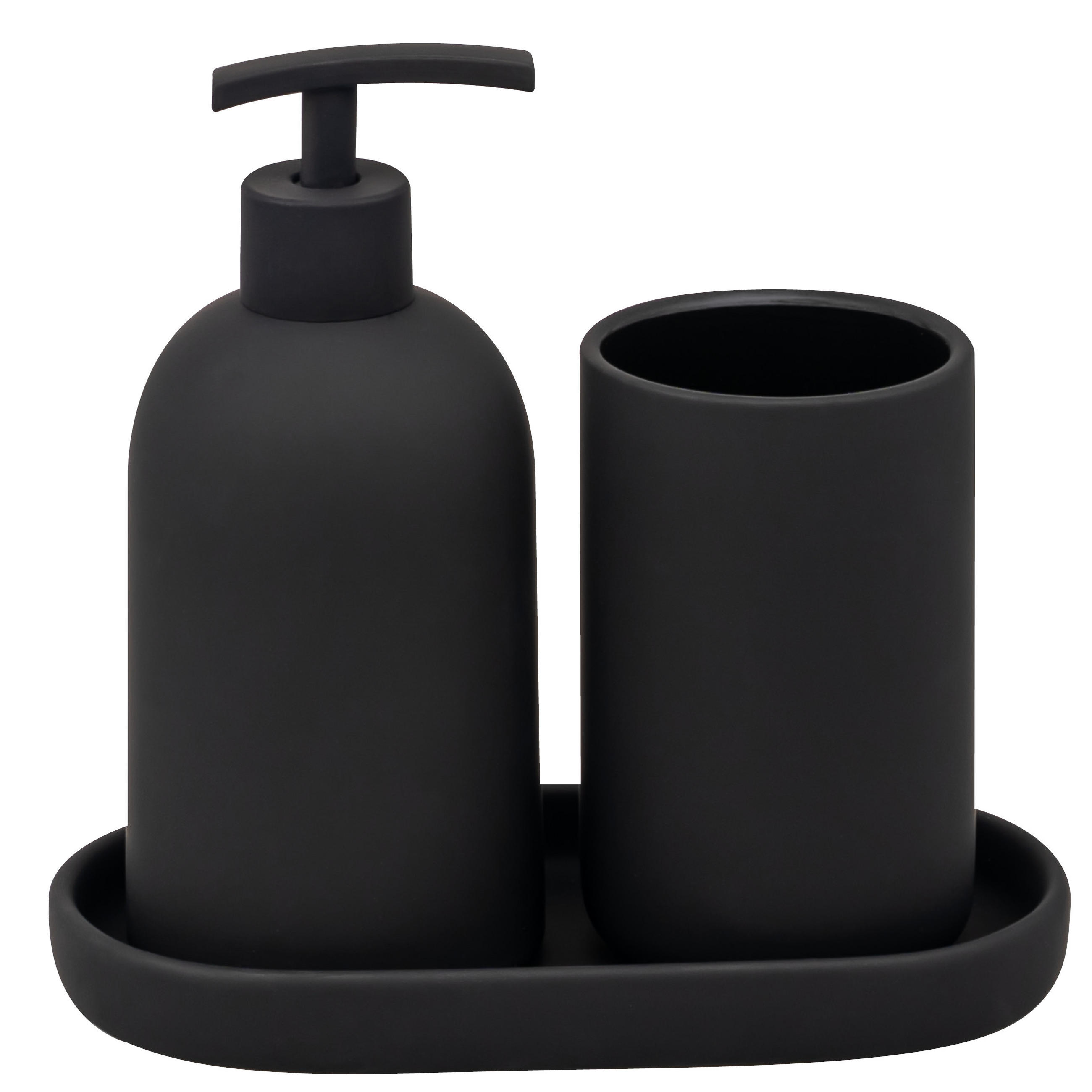 BAD-ACCESSOIRES-SET CERANO, Soft-Touch, schwarz - Schwarz, Keramik (8/18/8cm) - eluno