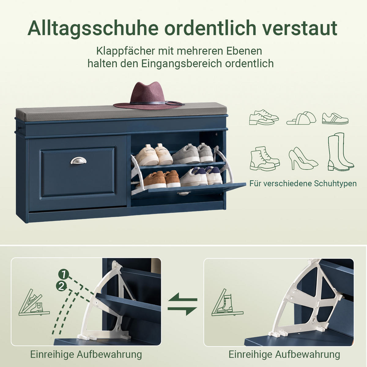 SCHUHBANK, nur 24 cm tief, Blau, 104x52x24cm, 2 Klappen für 8 Paar, Schublade und Haken, für Flur & Diele - Blau, Holzwerkstoff (104/52/24cm) - SoBuy