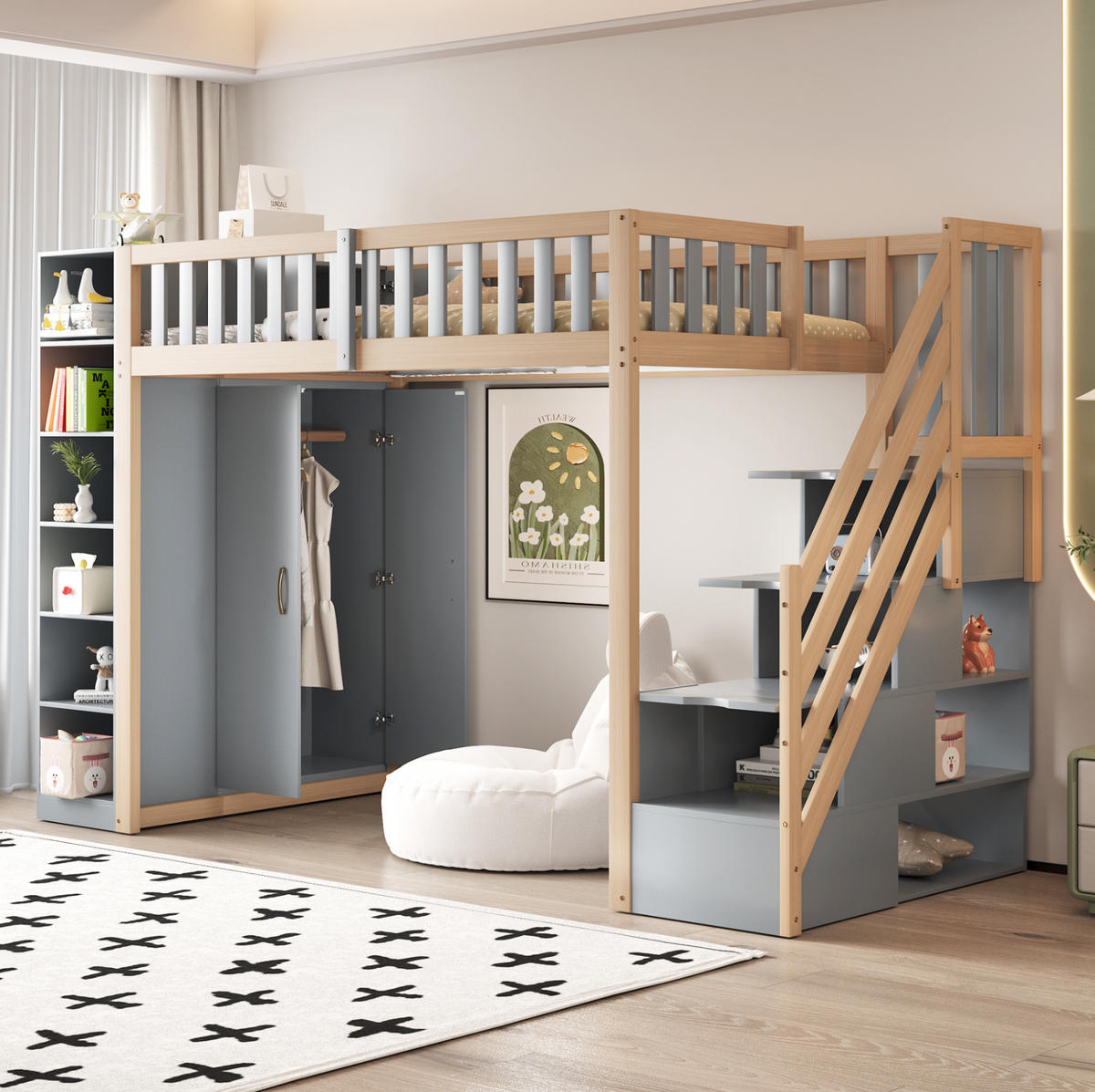 HOCHBETT 90/200 cm aus Holz mit Kleiderschrank und Stauraumleiter Grau/Natur - Grau, Holz (90/200cm) - Modenvie
