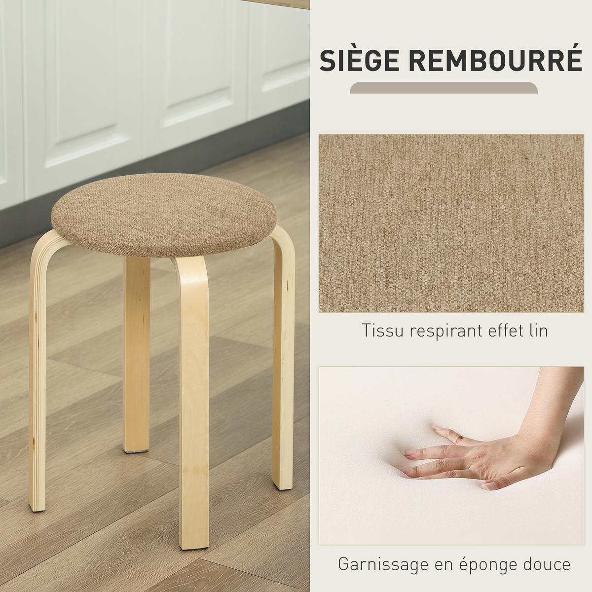 HOCKER 4er-Set DE-13362 stapelbar & gepolstert Kaki - Mokka, Holz (40/45/40cm) - ComfortXL