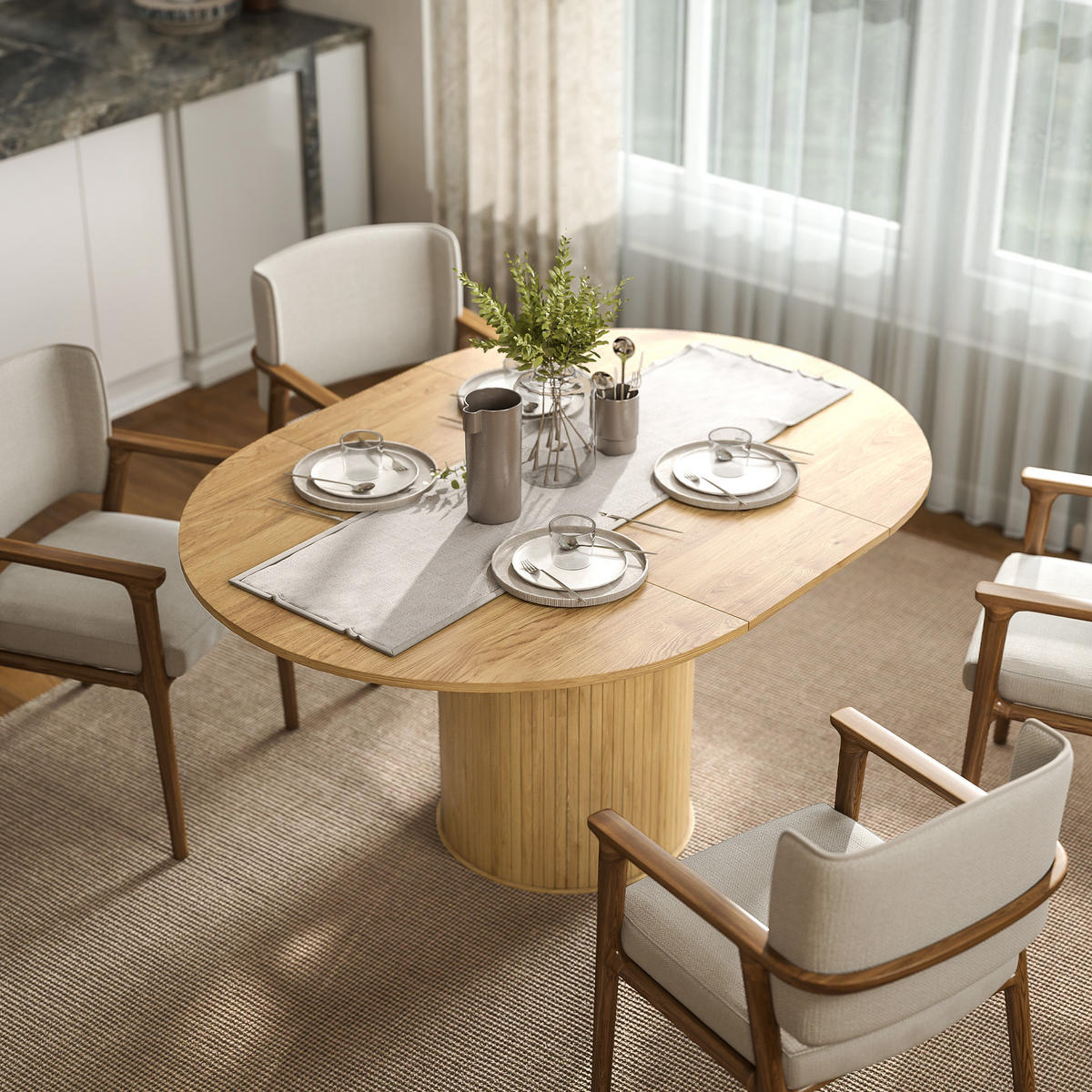 AUSZIEHTISCH Holzoptik Natur Säulenfuß 150/110/75 cm - Naturfarben, Holz (110/150/75cm) - PANGIVO