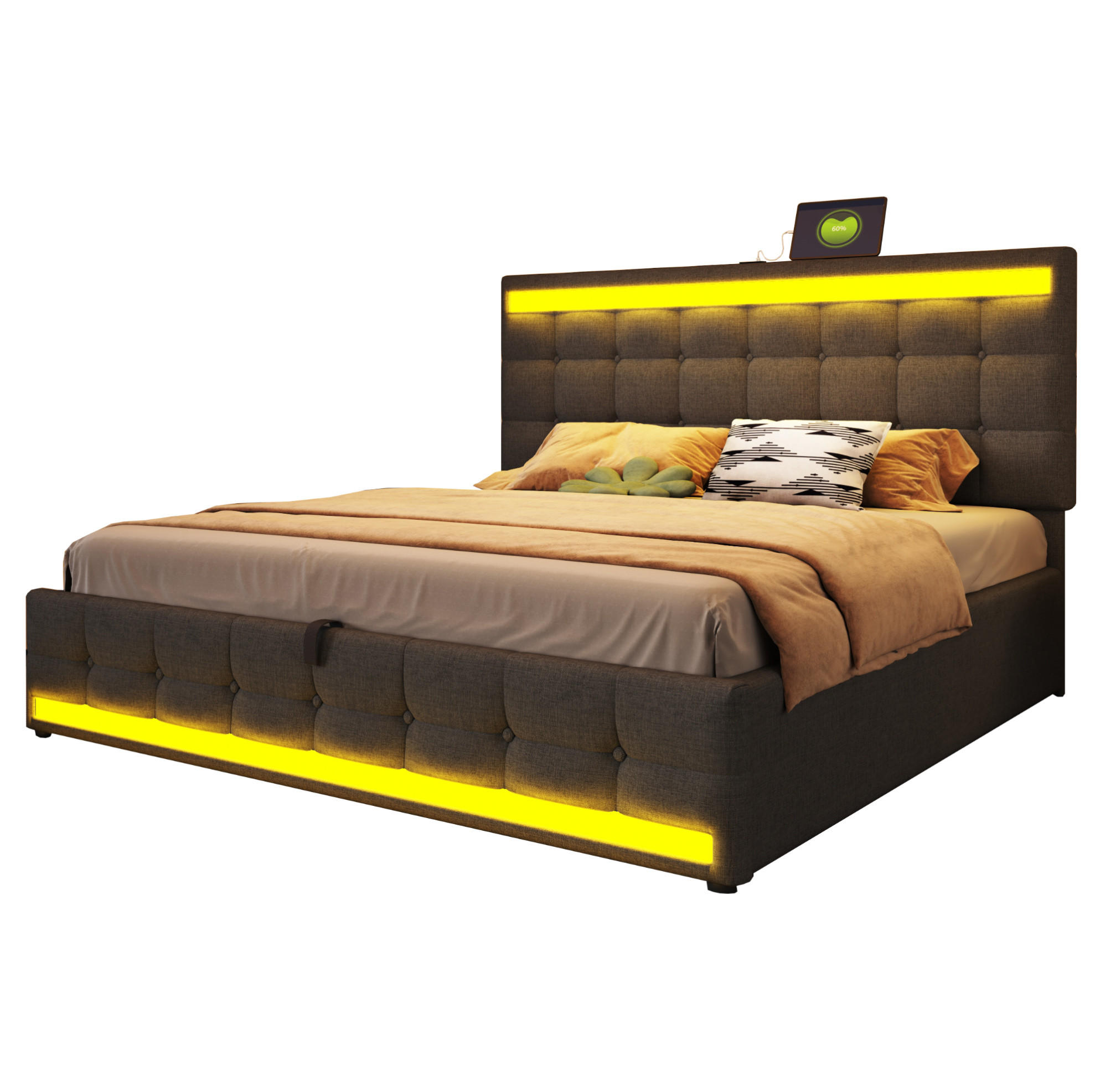 POLSTERBETT 180/200 cm Grau mit LED-Beleuchtung und USB-Anschlüssen - Grau, Textil (180/200cm) - OKWISH