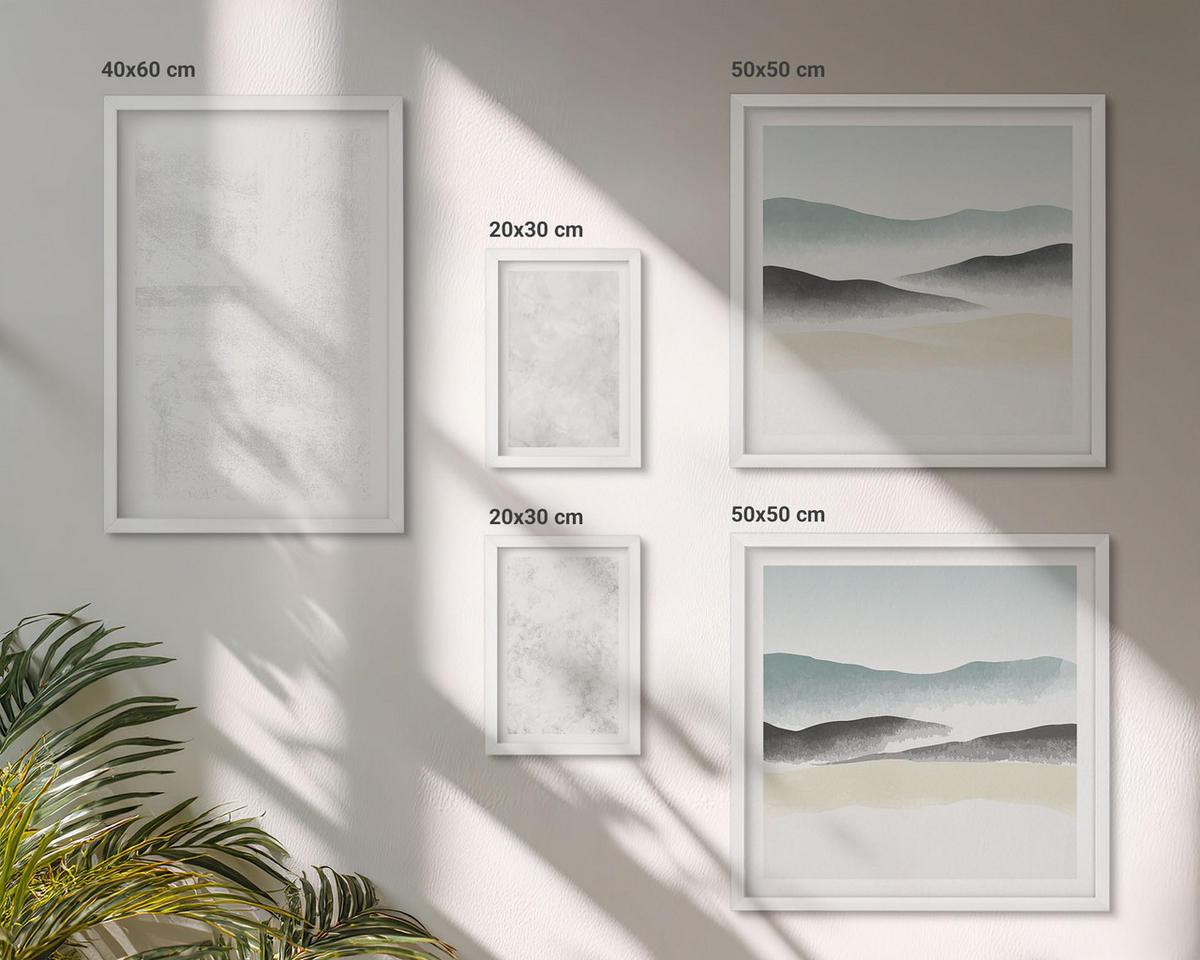 BILDER SET 5er Set - 50x50 cm & 20x30 cm & 40x60 cm Weißer Rahmen - Weiße Flecken auf Leinwandhintergrund - Weiß, Kunststoff (40/60cm) - TULUP