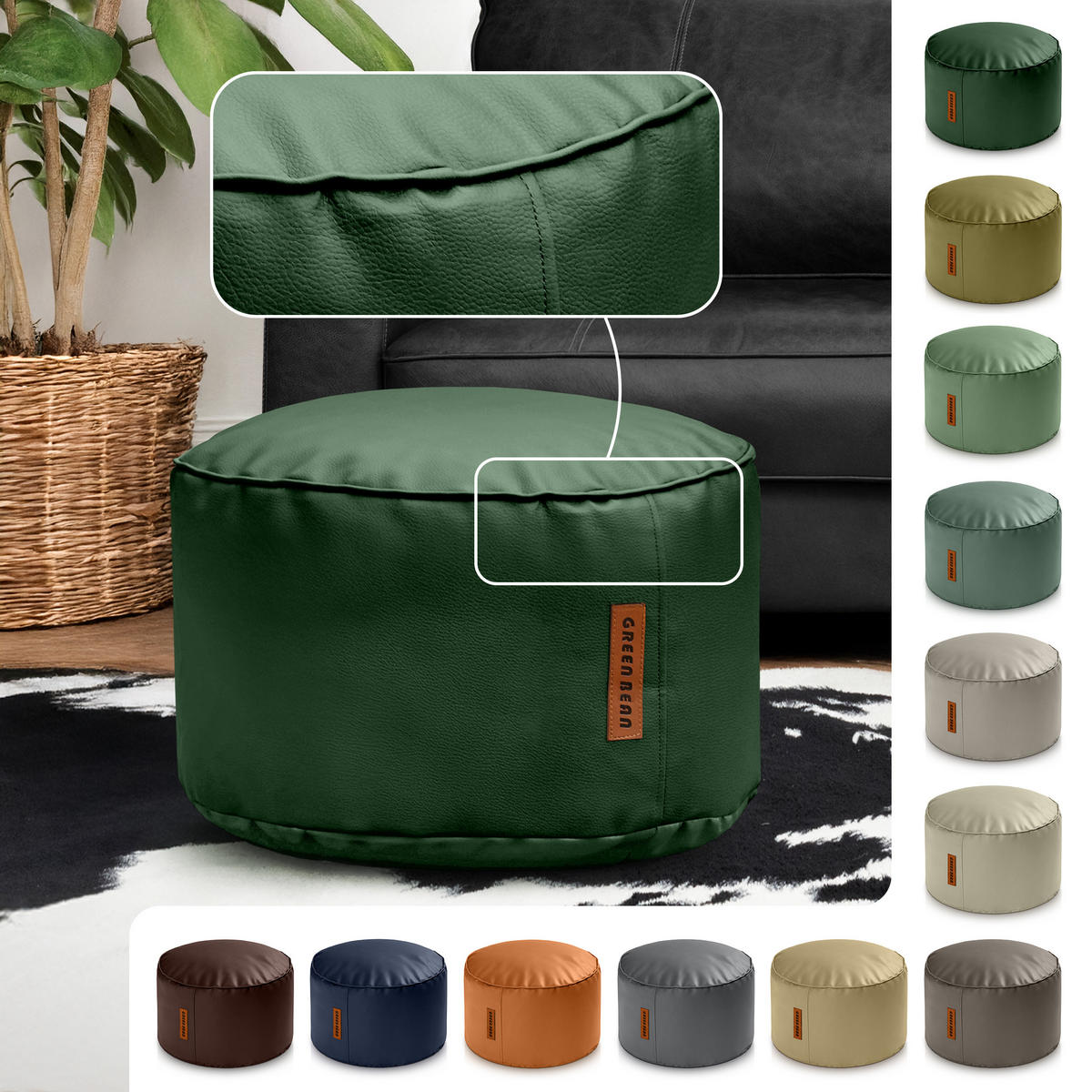 INDOOR HOCKER Stay rund Kunstleder - Dunkelgrün, Textil (43/30/30cm) - Green Bean