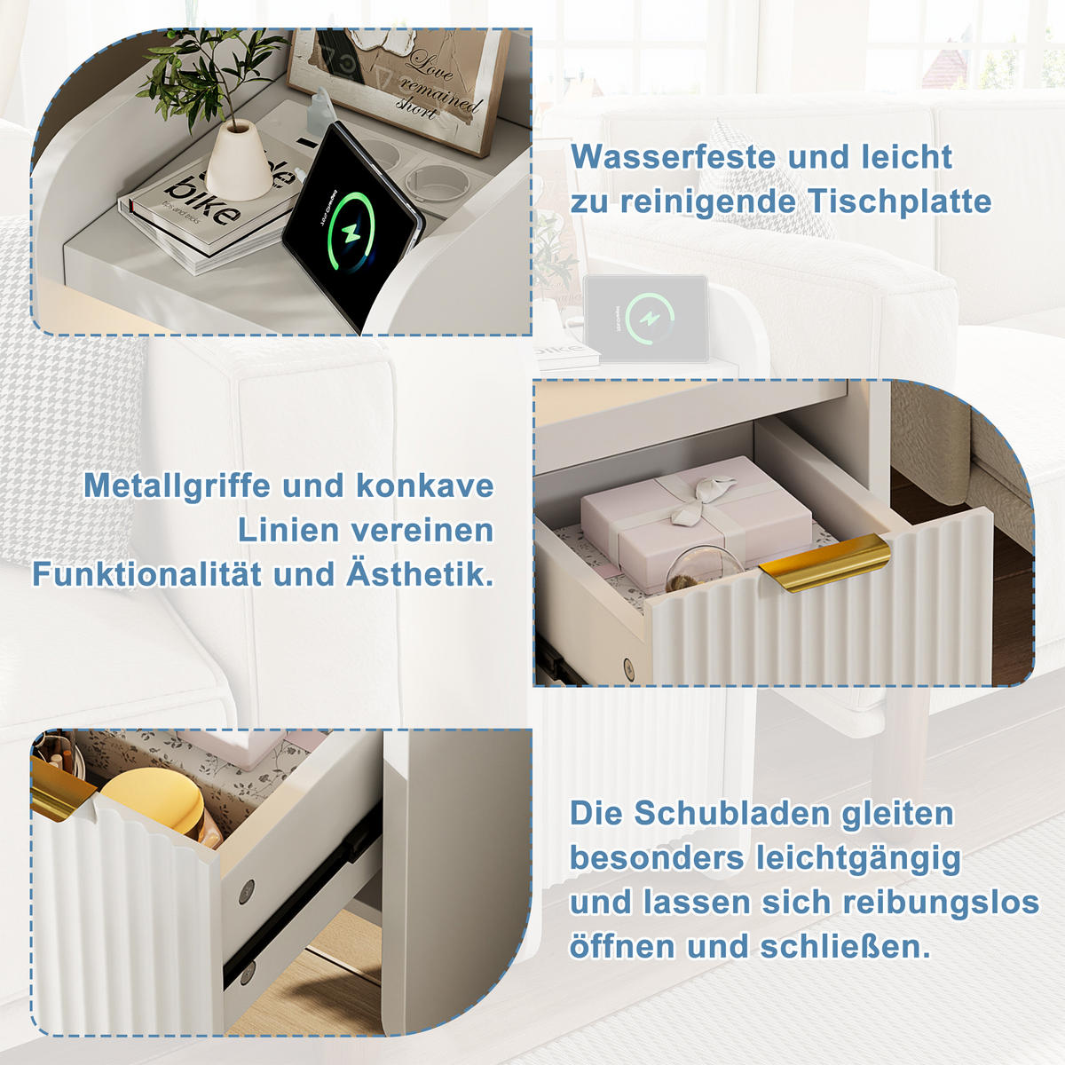NATTDUKSBORD 2-delat set, vitt med LED, låda och USB-laddningsstation - Vit, Träbaserade material (25/60/30cm) - SHOPENTRA