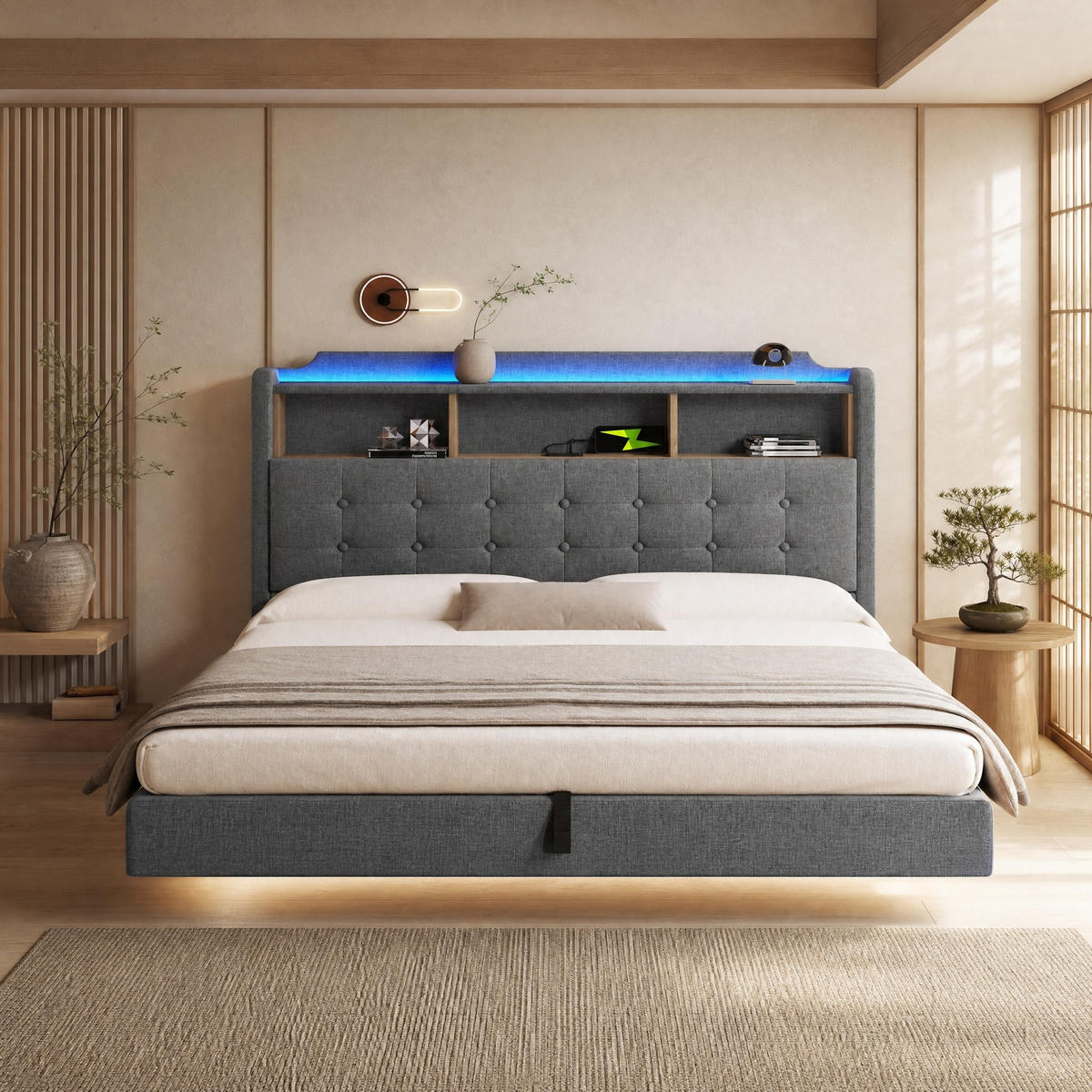 POLSTERBETT 180x200 cm in Grau mit LED-Beleuchtung, hydraulischem Stauraum und USB-Anschlüssen - Grau, Textil (180/200cm) - IVMEU