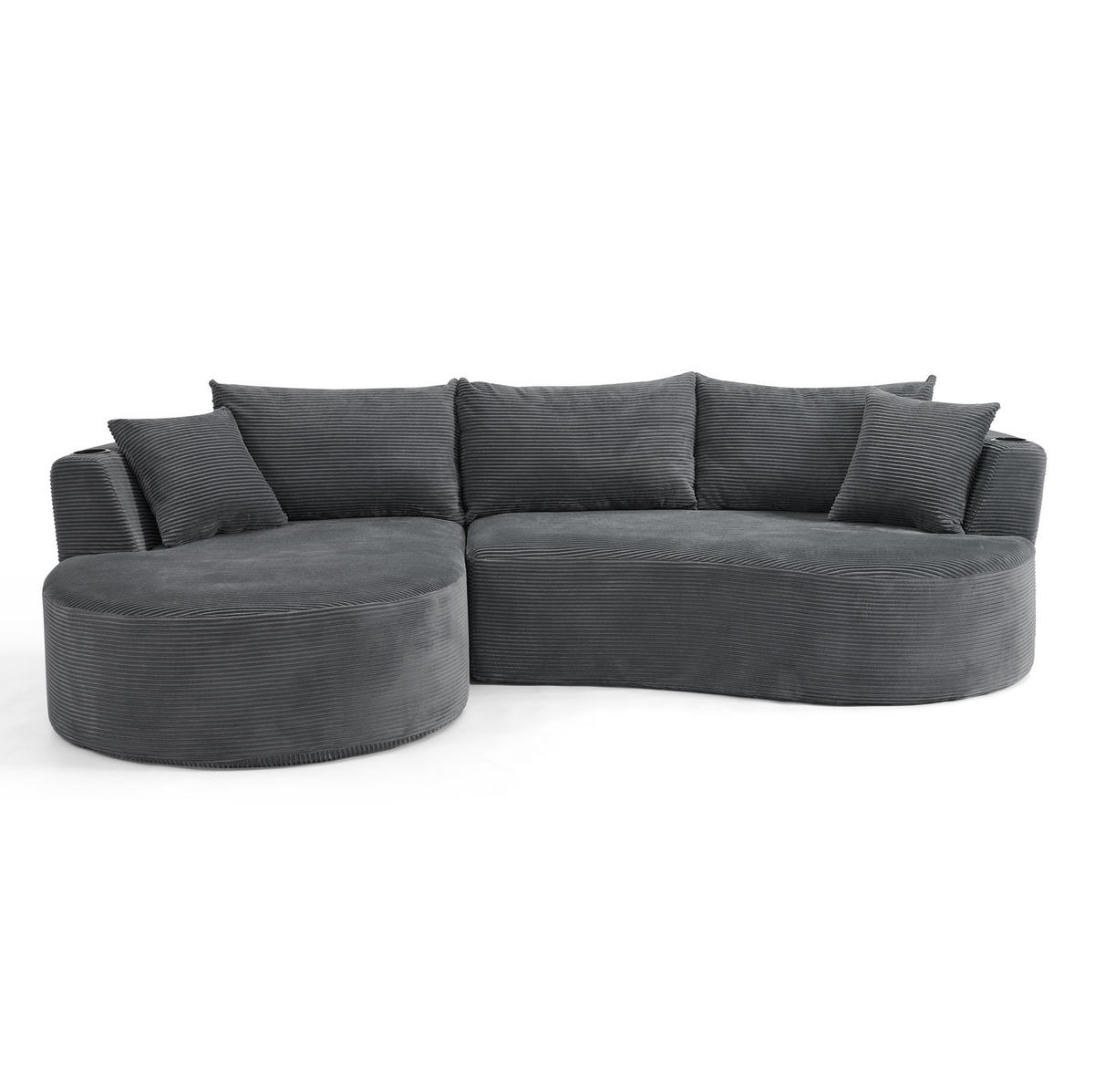 3-SITZER-SOFA mit Getränkehaltern, Kissen und bogenförmigem Design aus weichem Kordstoff, Grau - Grau, Kunststoff (264/76/168cm) - Redom