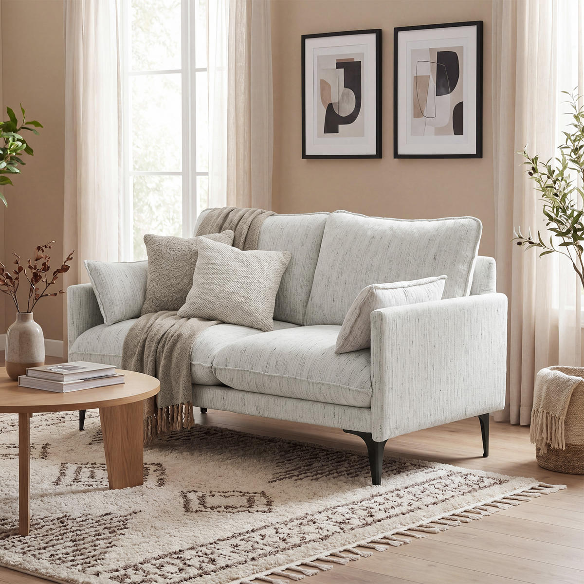 SOFA, 2-Sitzer, Stoff, Armlehnen, 2 Kissen, weiß, 131x78x83cm - Multicolor, Holzwerkstoff (131/83/78cm) - FORIOUS