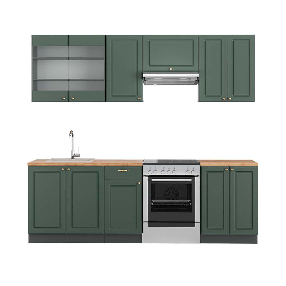 KÜCHENZEILE Fame-Line Grün-Gold Landhaus/Anthrazit 240 cm, AP Eiche - Anthrazit/Grün, Holzwerkstoff (240/81.6/60cm) - Vicco