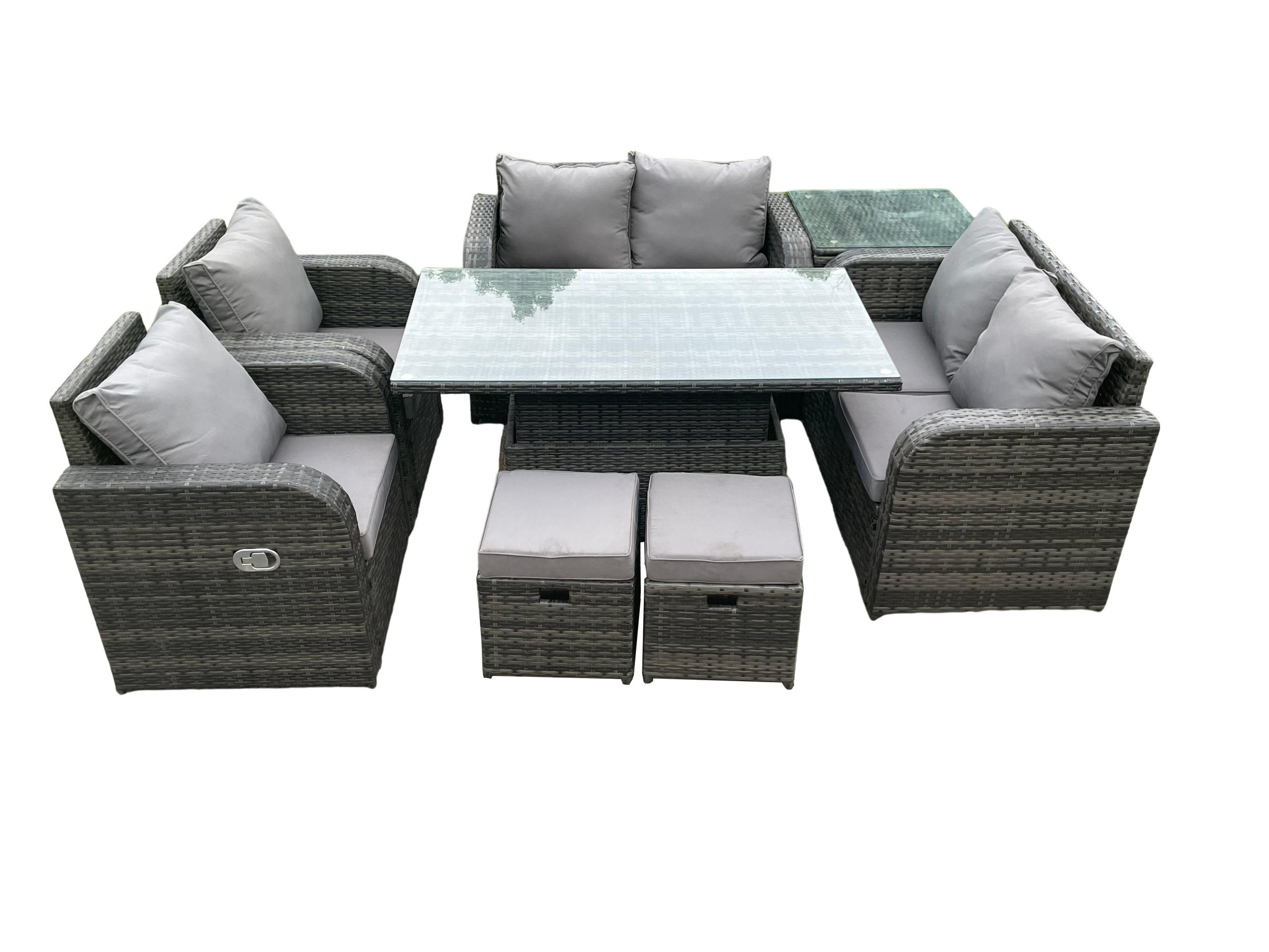 GARTENSOFA SET Polyrattan 8-Sitzer - Dunkelgrau/Grau, Glas/Kunststoff - Fimous
