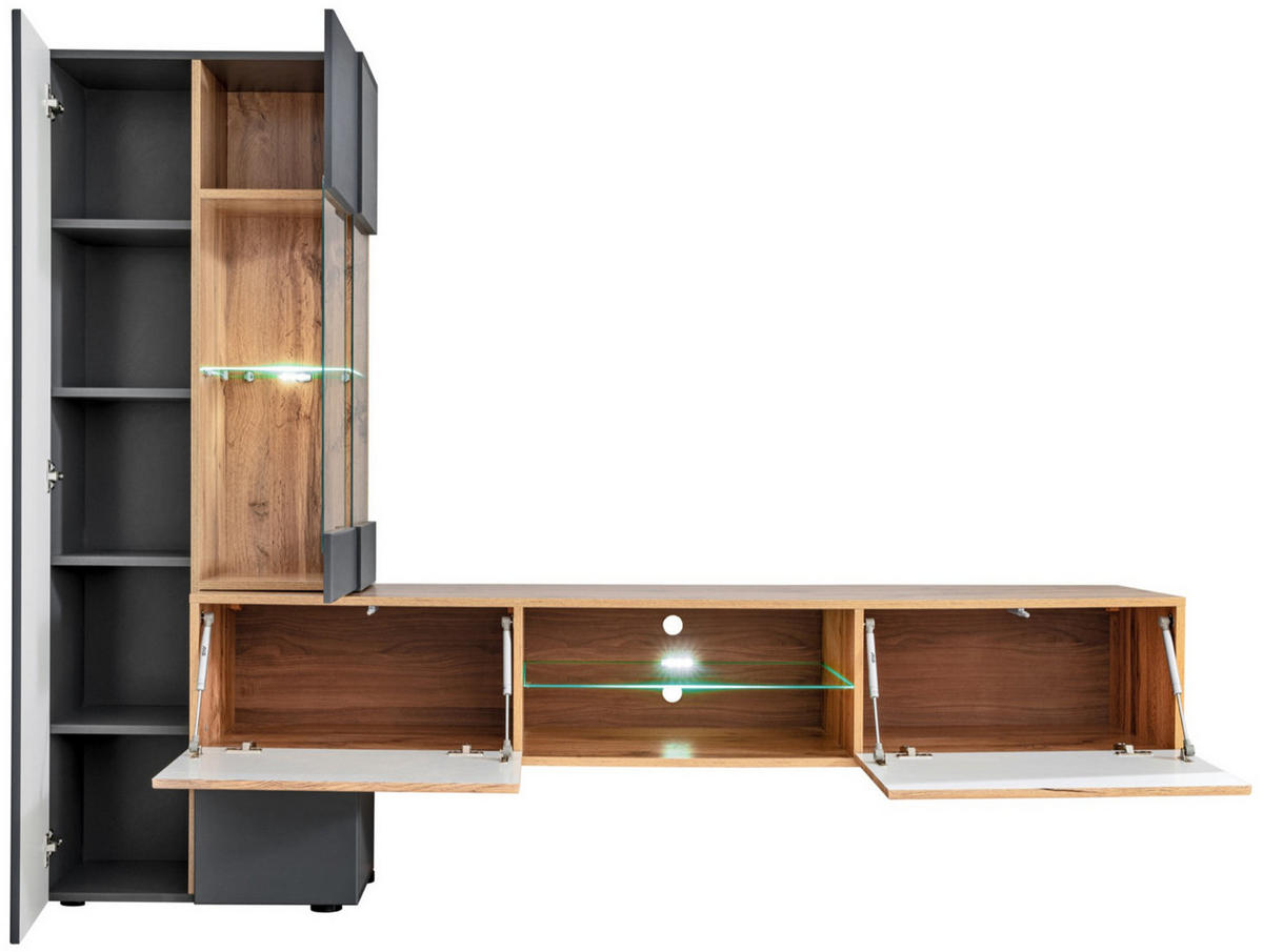 WOHNWAND anthrazit, Eiche Wotan 2-teilig 210 cm hängend, Komplettset mit LED und Push-to-Open - Anthrazit/Eiche Wotan, Glas/Holzwerkstoff (210/160/40cm) - Furn.Design