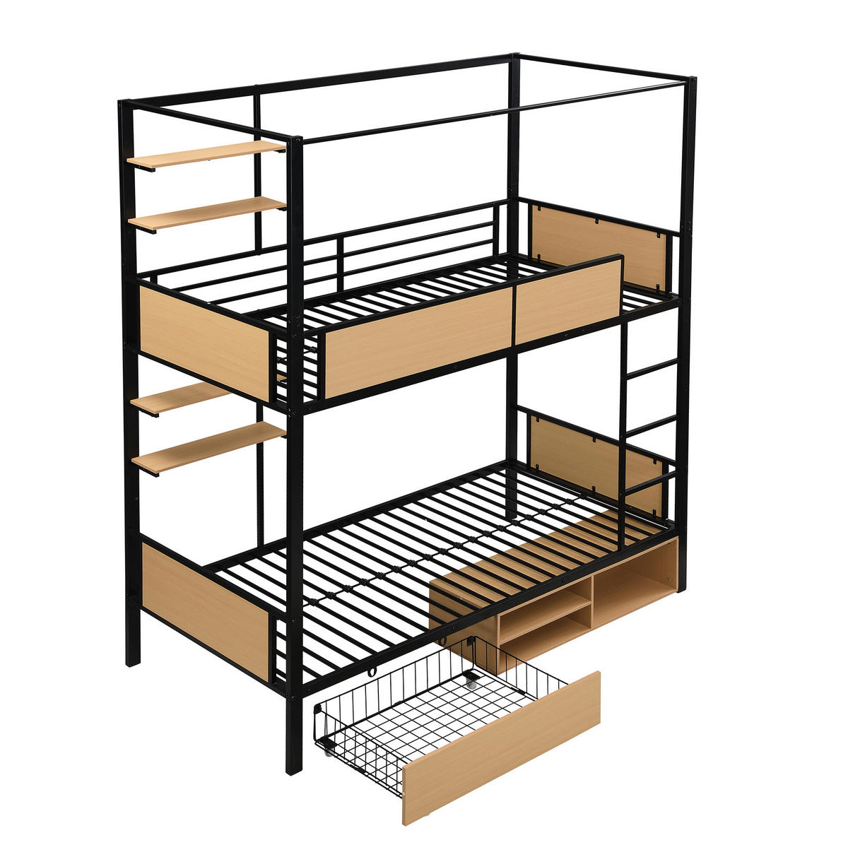 ETAGENBETT 90/200 cm schwarz und natur aus Metall mit Stauraum - Schwarz, Holzwerkstoff (90/200cm) - OKWISH