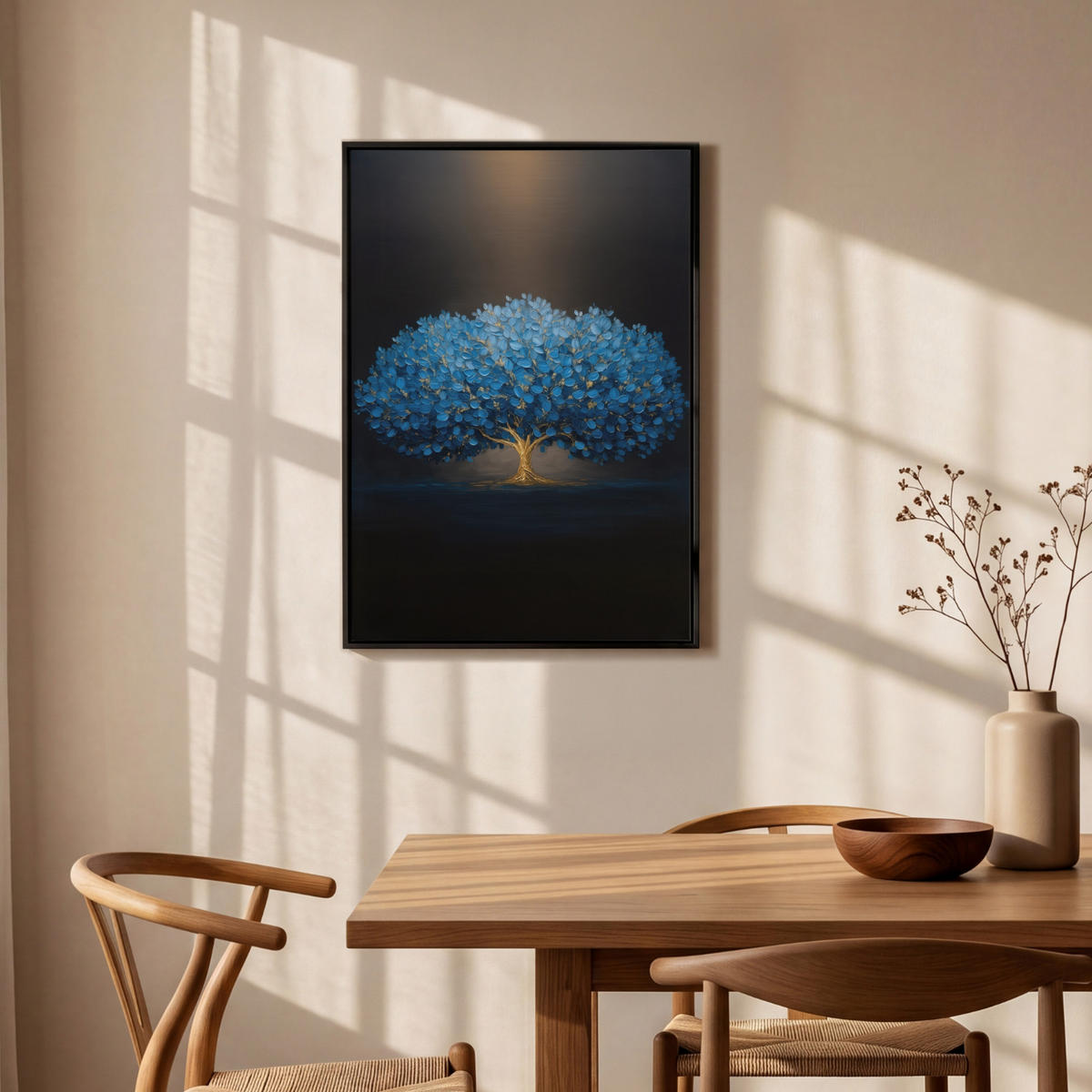 LEINWAND Bilder mit Rahmen - Baum - Blau - Blätter - Pinselstriche - 60x90 - Blau, Textil (60/90cm) - MuchoWow