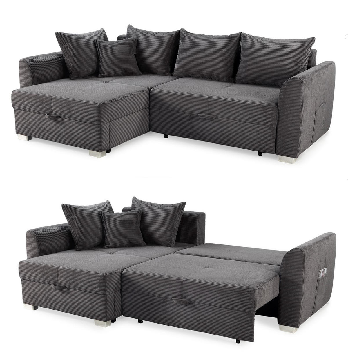 ECKSOFA mit Schlaffunktion und Bettkasten, seitenverkehrt montierbar B236/T160/H81 cm, Liegefl. 142x202 cm, Cord Grau Anthrazit / 15202 - Chromfarben/Schieferfarben, Kunststoff/Textil (236/160cm) - luma-home