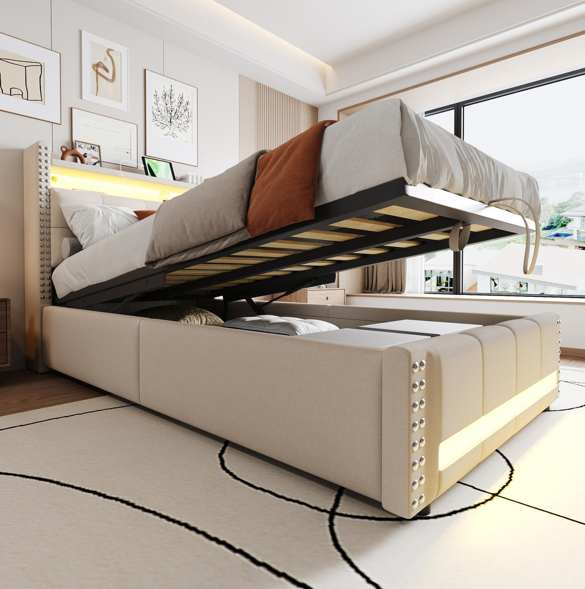 POLSTERBETT 90/200 cm Beige aus Leinenstoff mit LED, USB und Stauraum - Beige, Textil (90/200cm) - OKMYHOME
