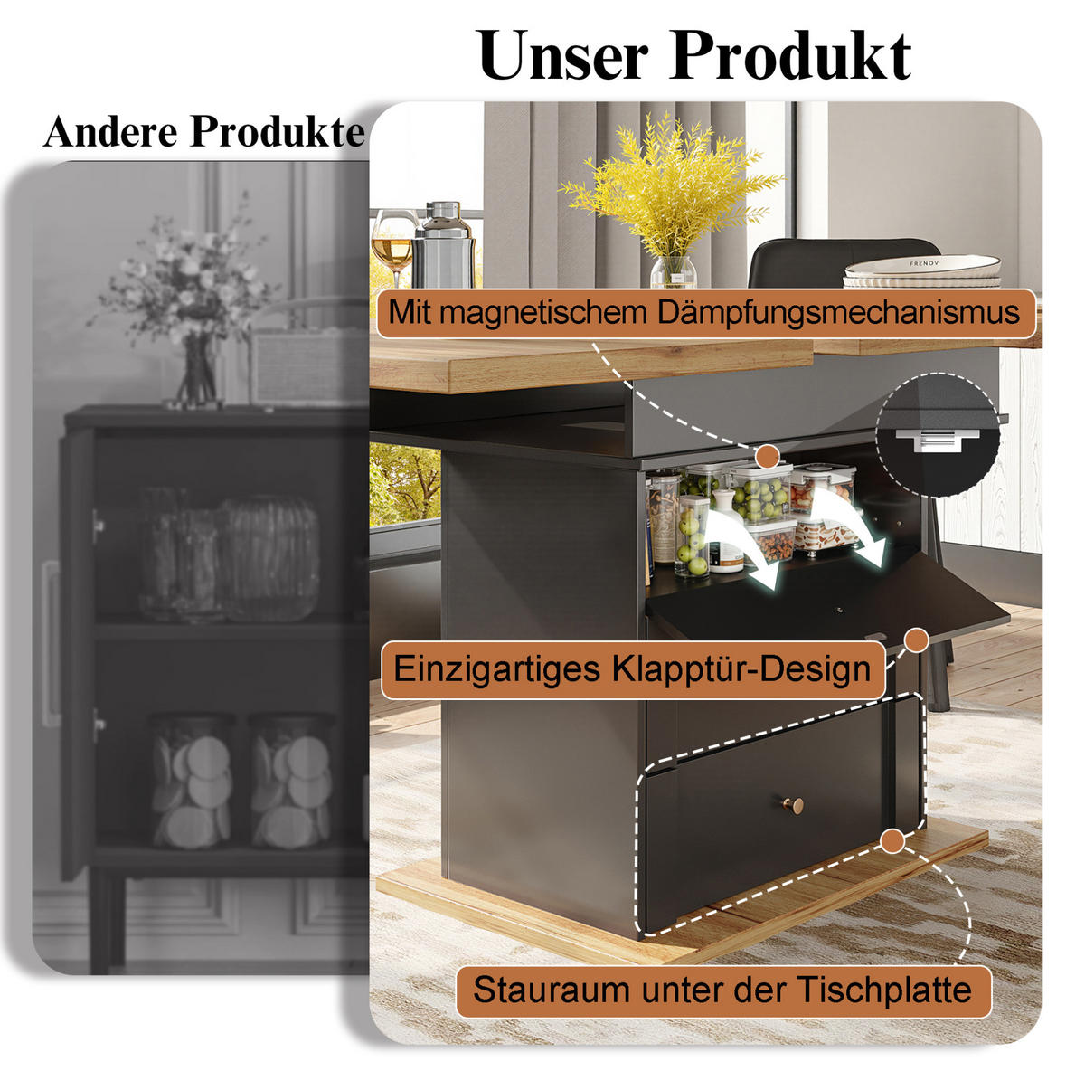 ESSTISCH Ausziehbarer aus MDF mit Stauraum & Klapptür, 110–140/80/75 cm, Schwarz/Natur - Schwarz, Holzwerkstoff (110/80/75cm) - Redom