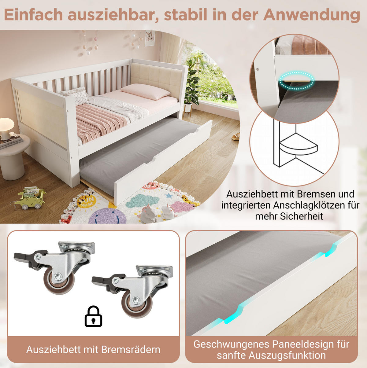 POLSTERBETT 90/200 cm mit Ausziehbett 90/190 cm, inkl. Lattenrost, Weiß - Weiß, Textil (90/200cm) - BEAOK