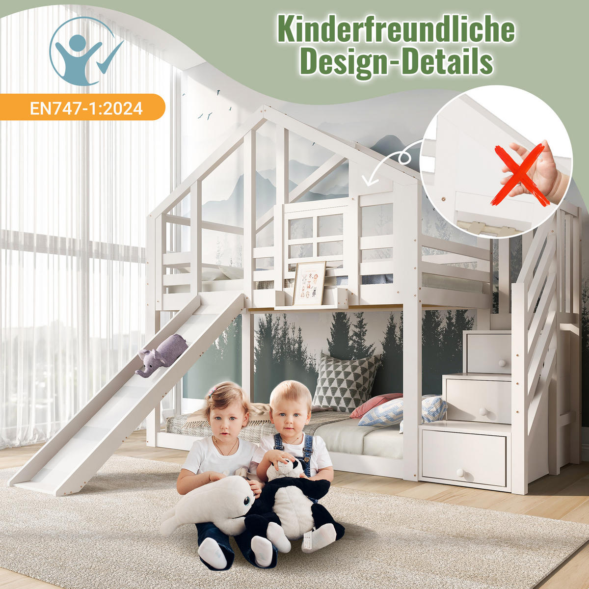 ETAGENBETT 90/200 cm mit Rutsche, Stauraumtreppe und Rausfallschutz, Weiß - Weiß, Holzwerkstoff - Redom