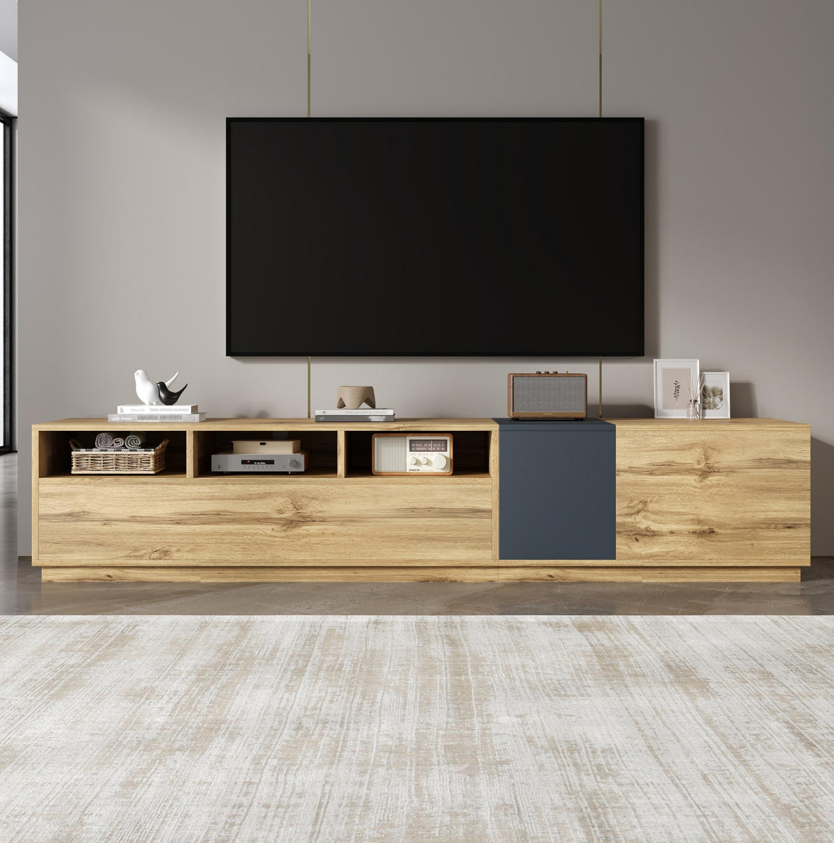 TV-STÄNDER 200/45/45 cm schwarz-grau mit Holzplatte und offenen Fächern - Schwarz, Holzwerkstoff (200/45/45cm) - OKWISH