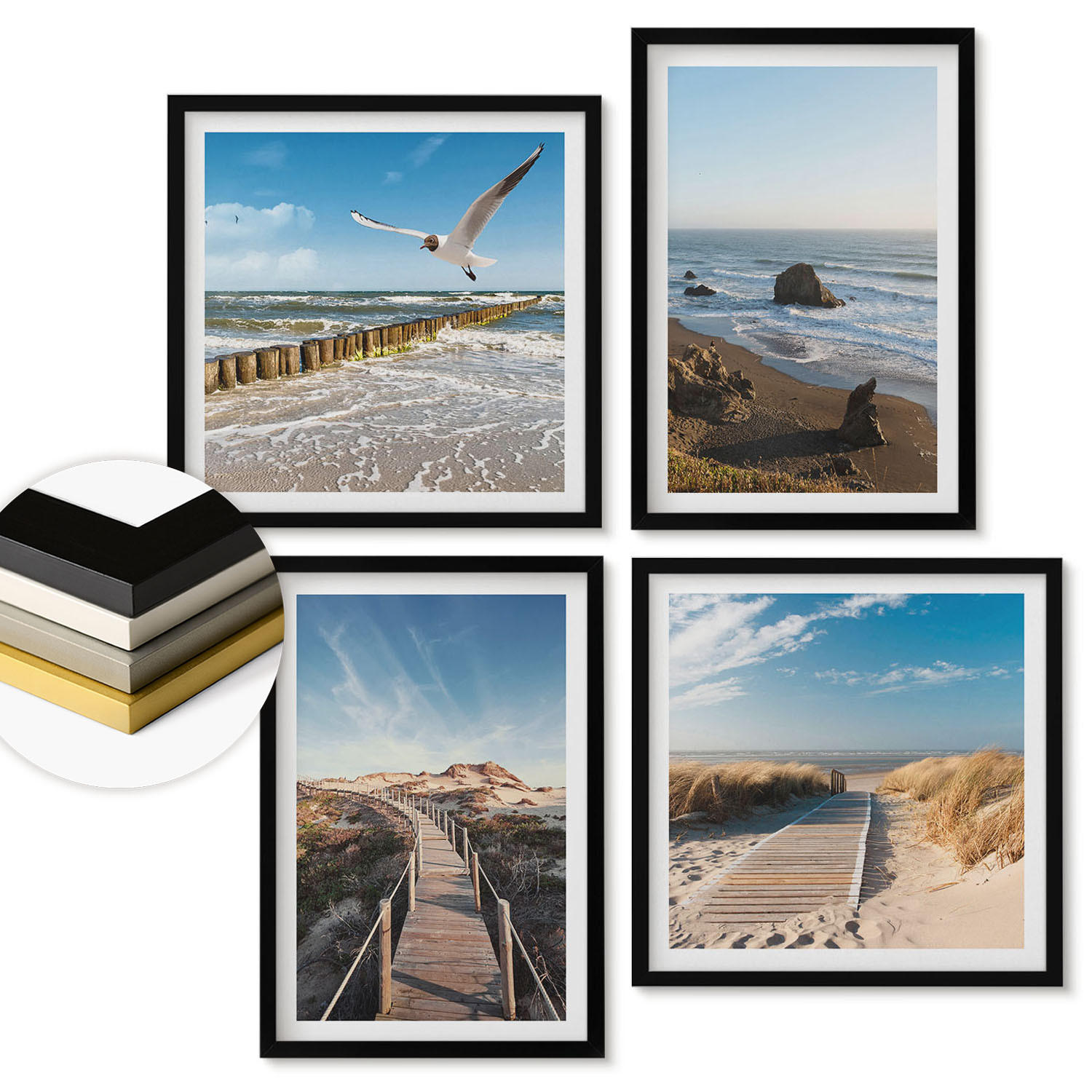 WANDBILDER 4er-Set - 50x50 cm & 40x60 cm Schwarzer Rahmen - Strandwellen, Himmelsbrücke, Spaziergang - Schwarz, Kunststoff (50/50cm) - ArtPrintCave