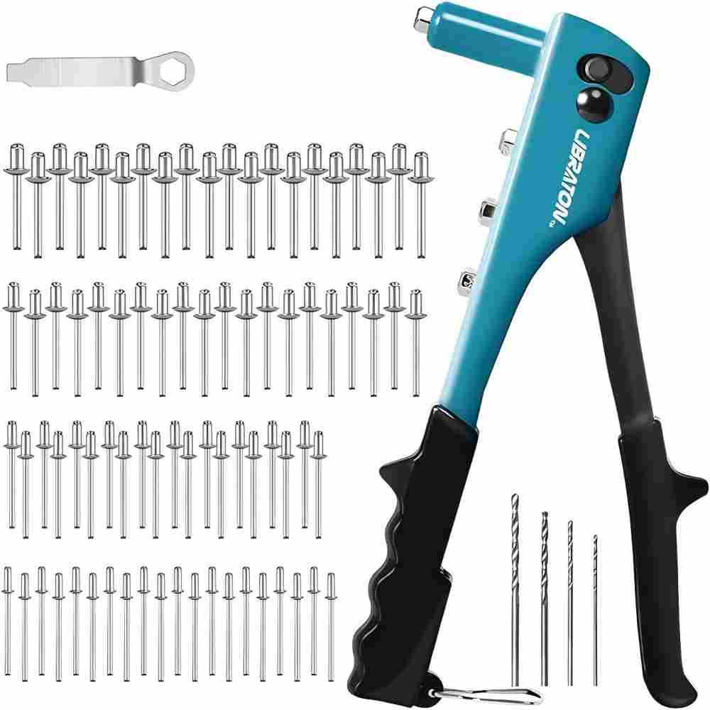HANDNIETGERÄT-SET 80-teilig, austauschbar für 4 Blindnietarten inkl. HSS-Bohrer, Autoreparatur - Blau, Metall (27/25/7cm) - LIBRATON