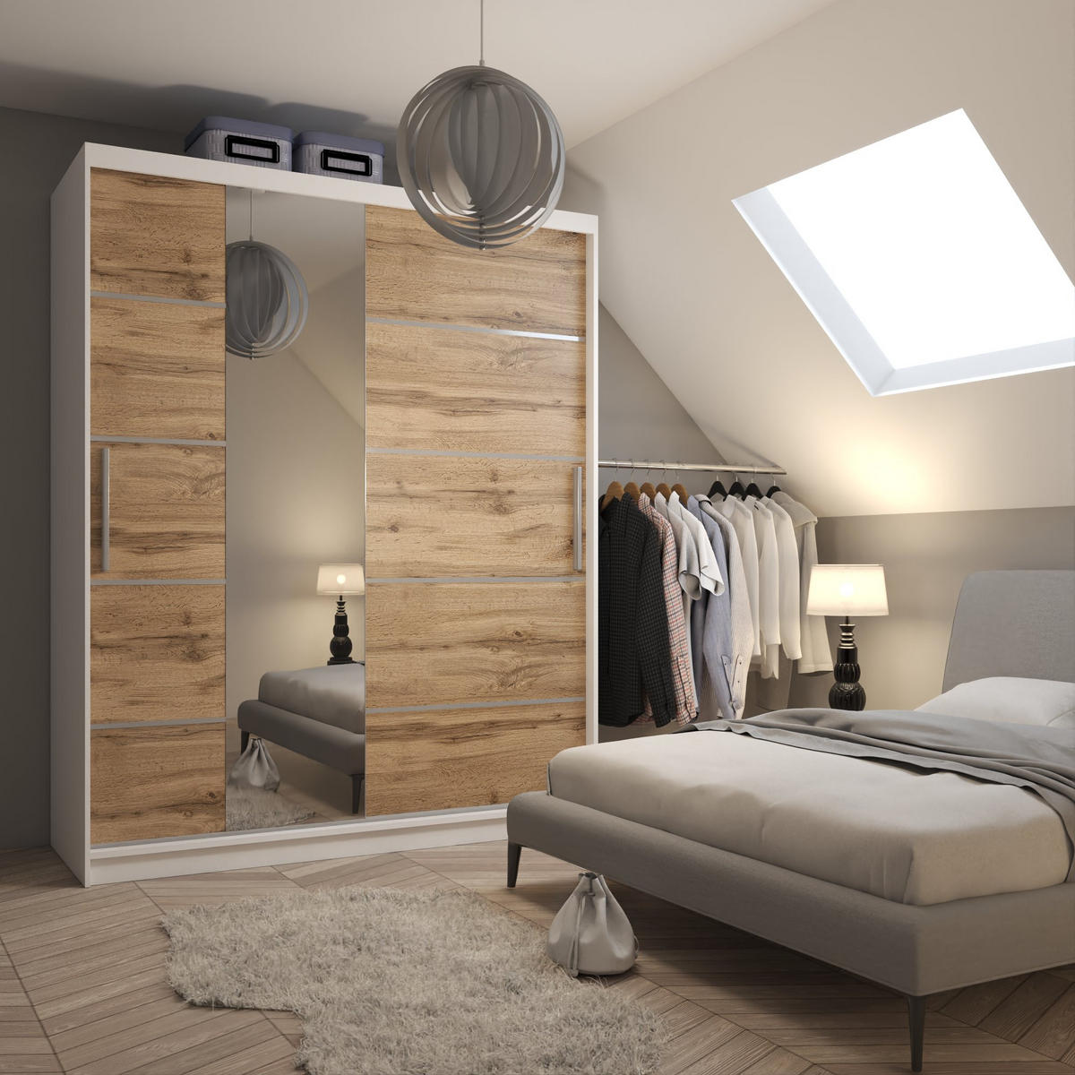 SCHWEBETÜRENSCHRANK Verona MBP, Weiß/Goldbraun Matt, 158 cm, mit Spiegel - Braun, Holz (158/216/60cm) - B BELINI GROUP