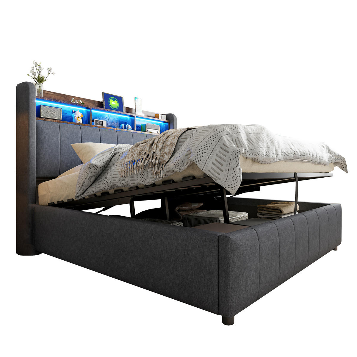 POLSTERBETT 140/200 cm grau mit LED-Beleuchtung und USB-Anschlüssen, hydraulisches Stauraumsystem - Grau, Textil (140/200cm) - OKWISH