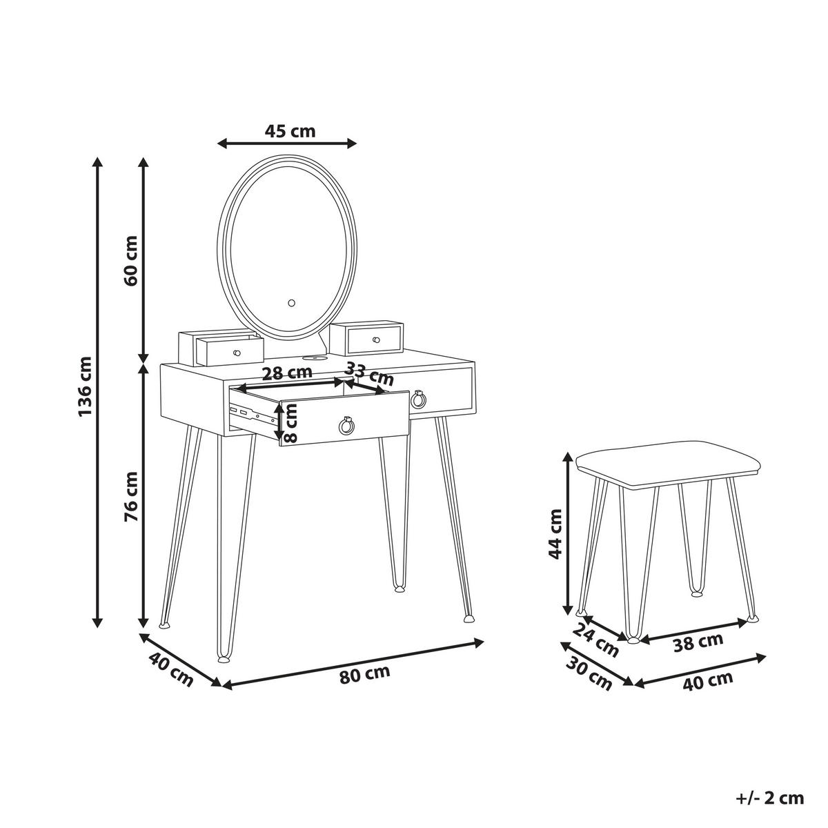 SCHMINKTISCH mit ovalem LED-Spiegel Hocker 4 Schubladen USB-Port weiß/schwarz Soye - Schwarz/Weiß, Holzwerkstoff (80/136/40cm) - Beliani