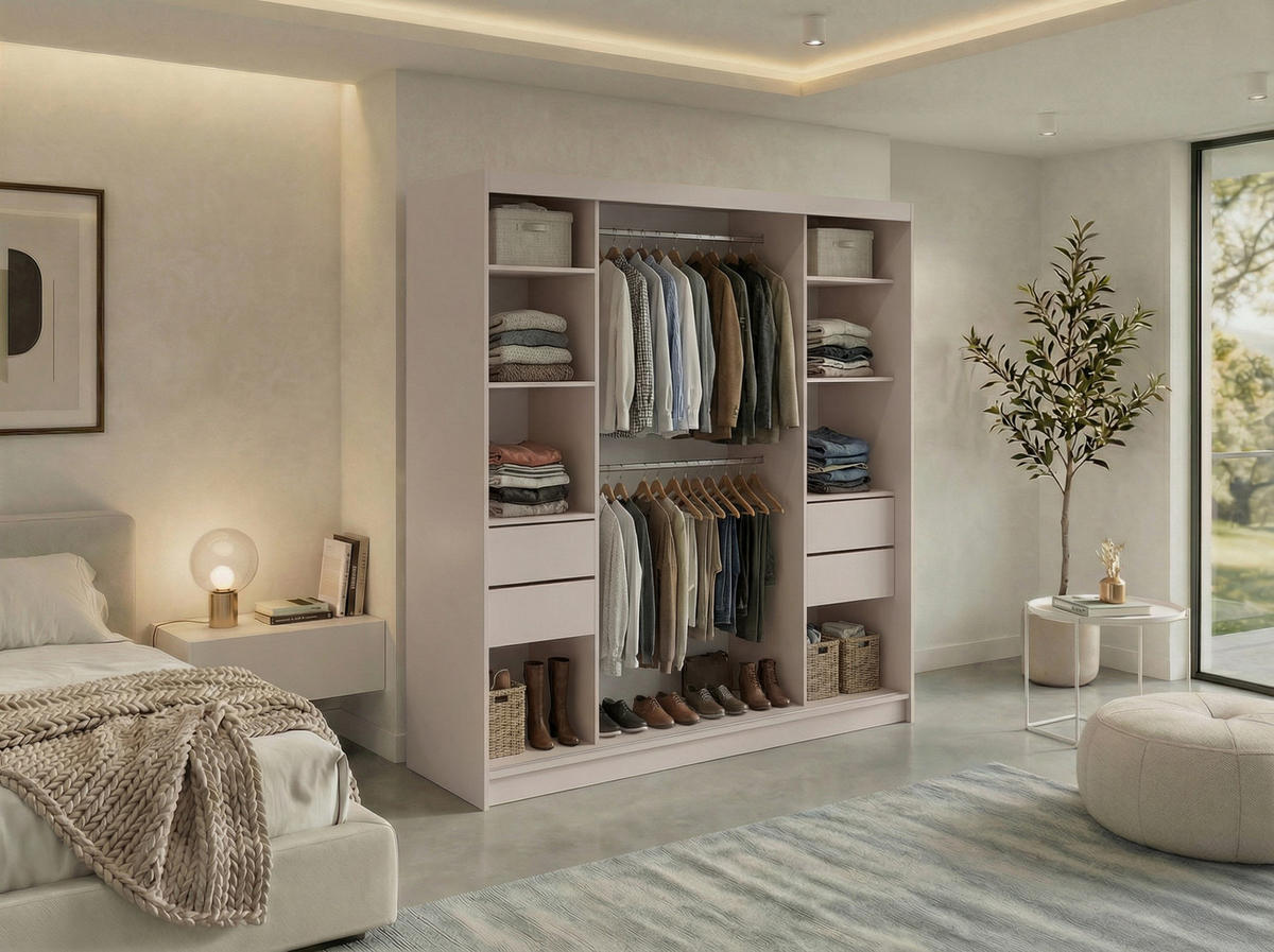 SCHWEBETÜRENSCHRANK mit Schubladen 200 - VERONA - Kaschmir mit Spiegel - Kaschmir/Alufarben, Holzwerkstoff/Metall (200/216/61cm) - MKS