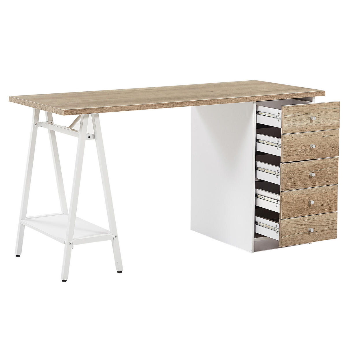 SCHREIBTISCH heller Holzfarbton/weiß 140/60/76 cm Heber - Hellgrau, Holzwerkstoff (60/140/76cm) - Beliani