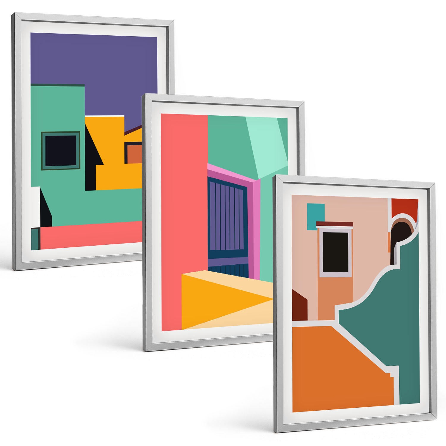 BILDER SET 3er Set - 40x60 cm Silberner Rahmen - Farbenfrohe Illustrationen der Stadt - Silberfarben, Kunststoff (40/60cm) - TULUP