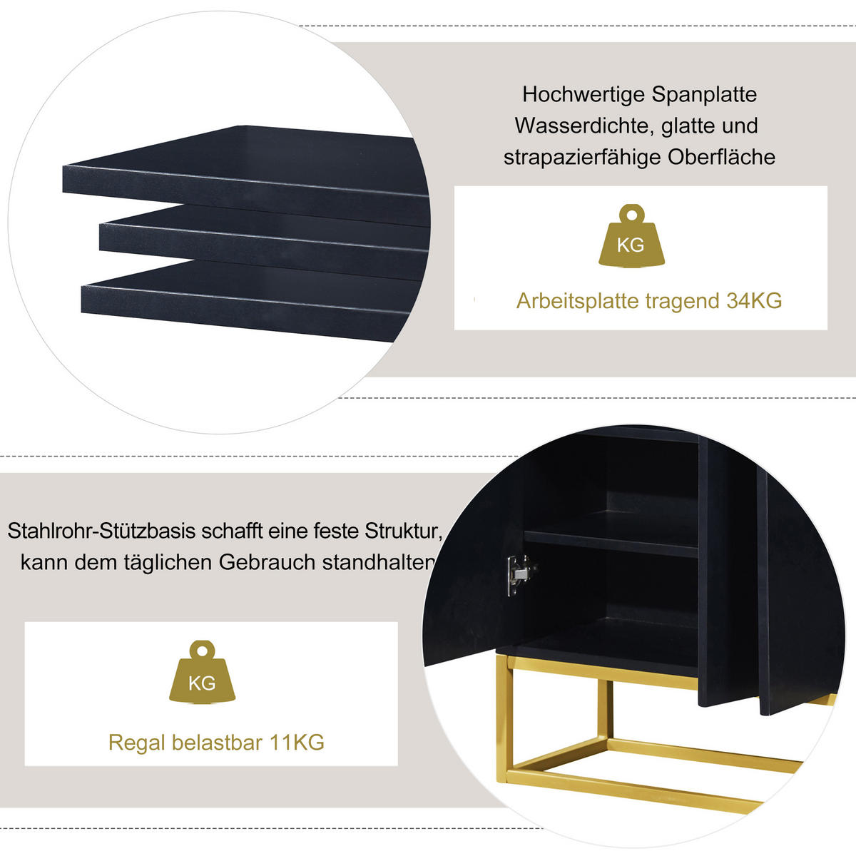 SIDEBOARD in Schwarz Anrichte mit 4 Türen für Esszimmer, Küche und Wohnzimmer, B120/T30/H80 cm - Goldfarben/Schwarz, Holzwerkstoff/Metall (120/80/30cm) - STILVORA