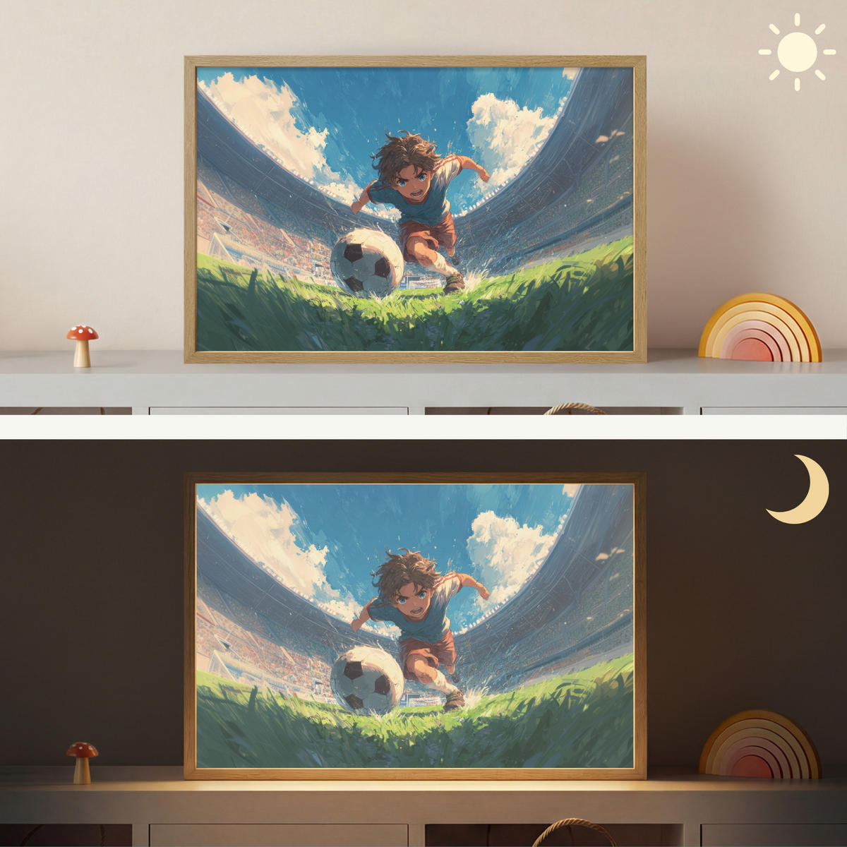 NÁSTĚNNÁ LAMPA S AKUMULÁTOREM Stadion - Fotbalista - Míč 60x40 cm - modrá, kompozitní dřevo (60/40/8cm) - OnlyWow